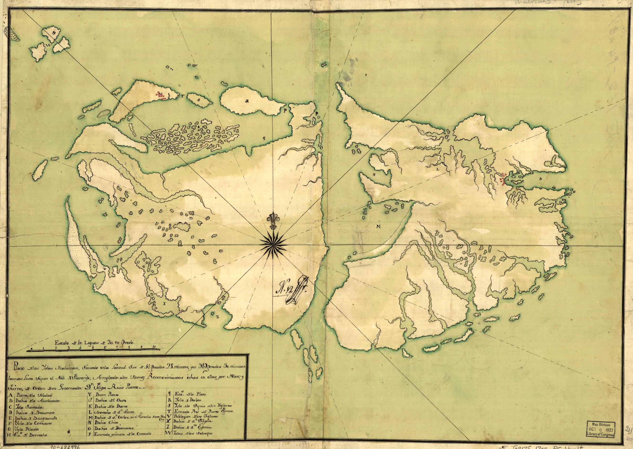 This old map of Plano De Las Yslas Malvinas, Situado En La Latitud Sur De 51 Grados 28 Minutos Y En 319 Grados 30 Minutos Lamas Leste Segun El Mro. De Thenerife, Arreglado a Los Ultimos Reconosimientos Echos En Ellas Por Mar Y Tierra, De Orden De Su Gobe