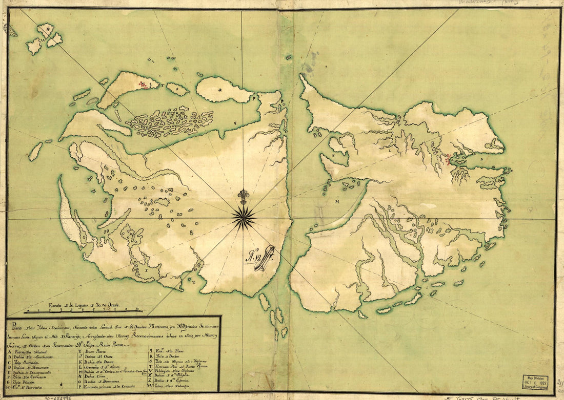 This old map of Plano De Las Yslas Malvinas, Situado En La Latitud Sur De 51 Grados 28 Minutos Y En 319 Grados 30 Minutos Lamas Leste Segun El Mro. De Thenerife, Arreglado a Los Ultimos Reconosimientos Echos En Ellas Por Mar Y Tierra, De Orden De Su Gobe