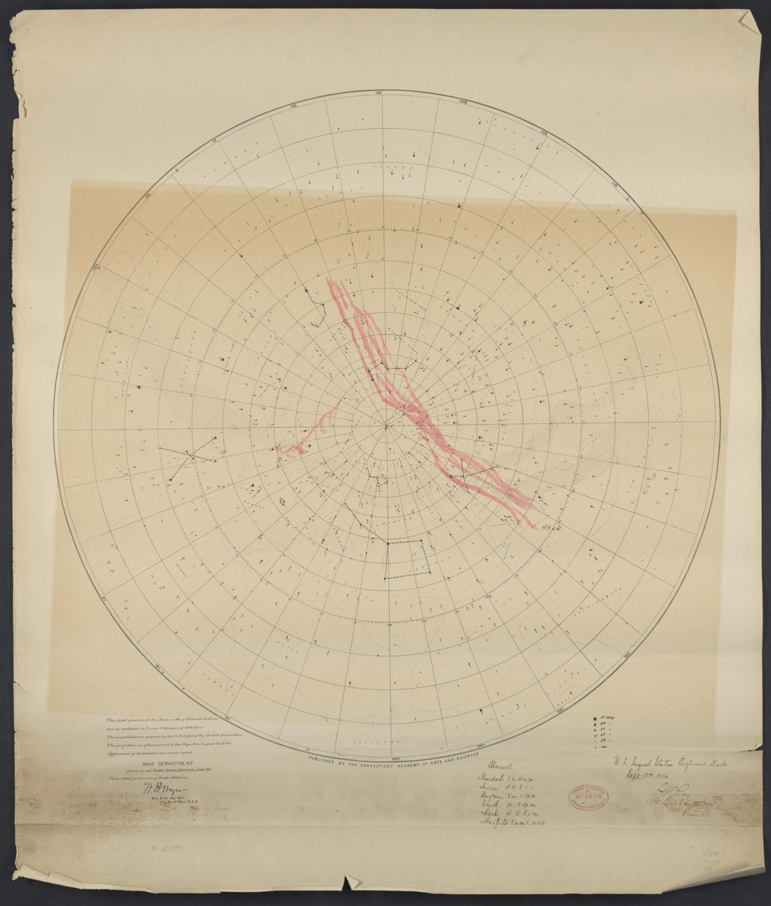 This old map of Aurora Charts, September & October from 1882 : as Viewed from U.S. Signal Station, Ooglaamie, Alaska was created by Carnegie Institution of Washington. Department of Terrestrial Magnetism, Connecticut Academy of Arts and Sciences, Unit