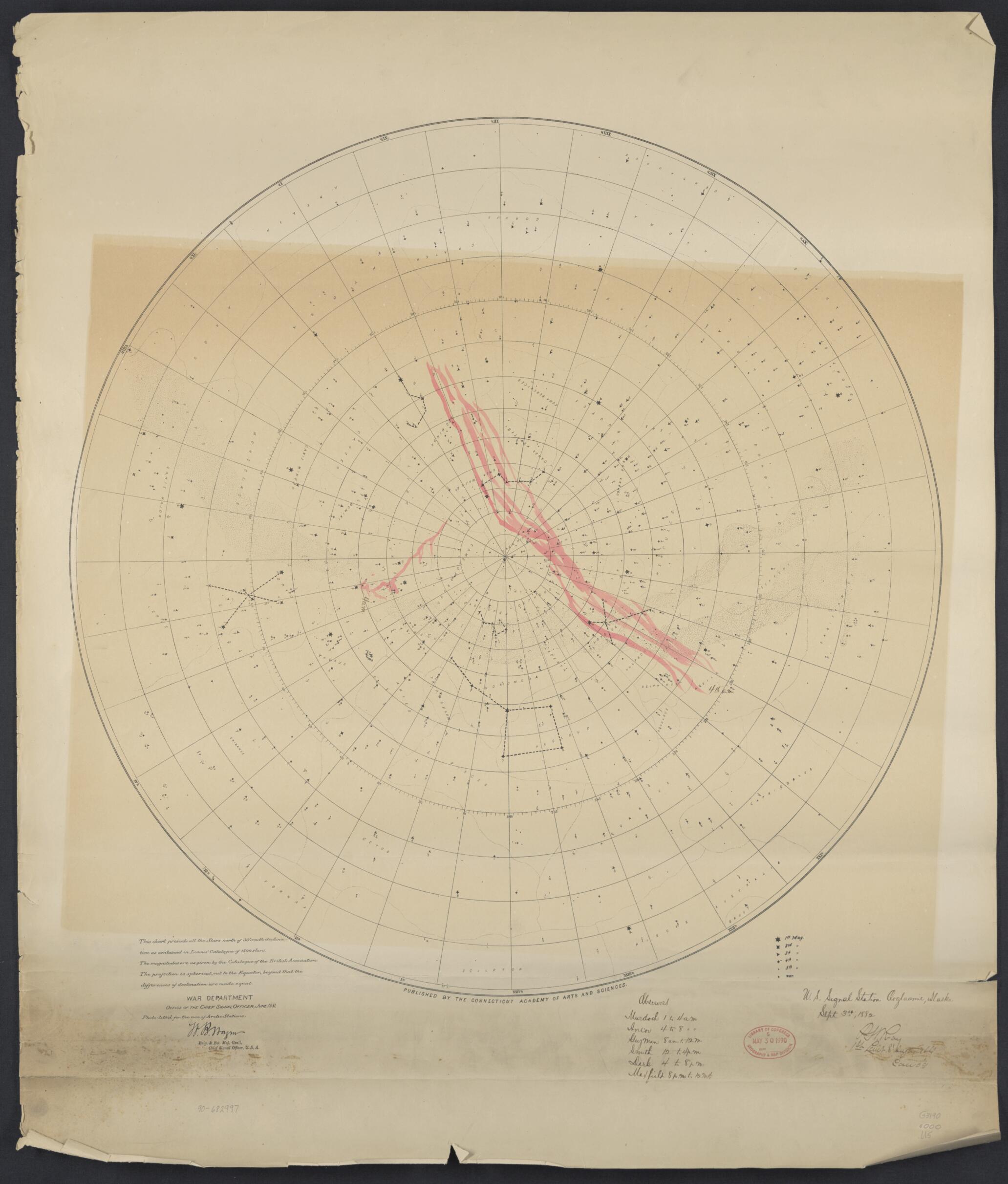 This old map of Aurora Charts, September & October from 1882 : as Viewed from U.S. Signal Station, Ooglaamie, Alaska was created by Carnegie Institution of Washington. Department of Terrestrial Magnetism, Connecticut Academy of Arts and Sciences, Unit