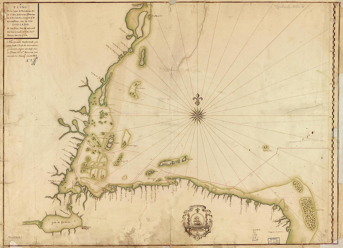 This old map of Plano De La Costa De Honduras Desde El Cavo De Gracias a Dios Hasta El De Catoche, Corregido Pr. Diferentes Pilotos, Año De from 1756 was created by Juan Linares, Spain) Real Escuela De Navegación (Cádiz in 1756