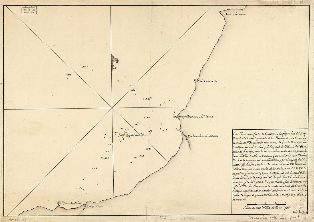 This old map of Este Plano Manifiesta La Cituación Y Configuración Del Bajo Llamado El Cascabel, Ignorada De Los Practicos De Esta Costa, Hasta El Año from 1790, Su Verdadera Situacn. La Qe. Se Hallo Ser Por Latitud Septentrional De 11⁰00ʹ Y Pr. Lo