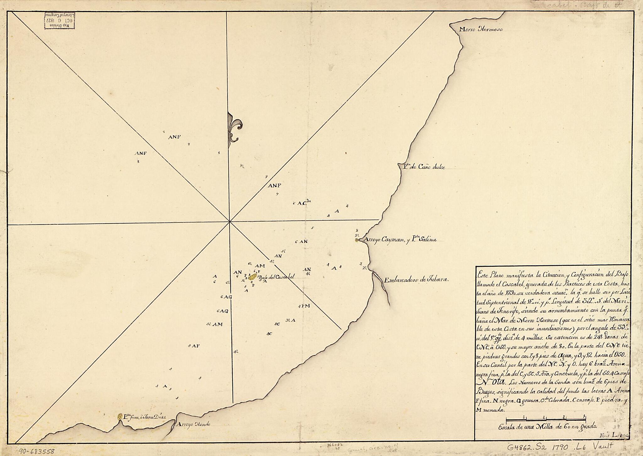 This old map of Este Plano Manifiesta La Cituación Y Configuración Del Bajo Llamado El Cascabel, Ignorada De Los Practicos De Esta Costa, Hasta El Año from 1790, Su Verdadera Situacn. La Qe. Se Hallo Ser Por Latitud Septentrional De 11⁰00ʹ Y Pr. Lo