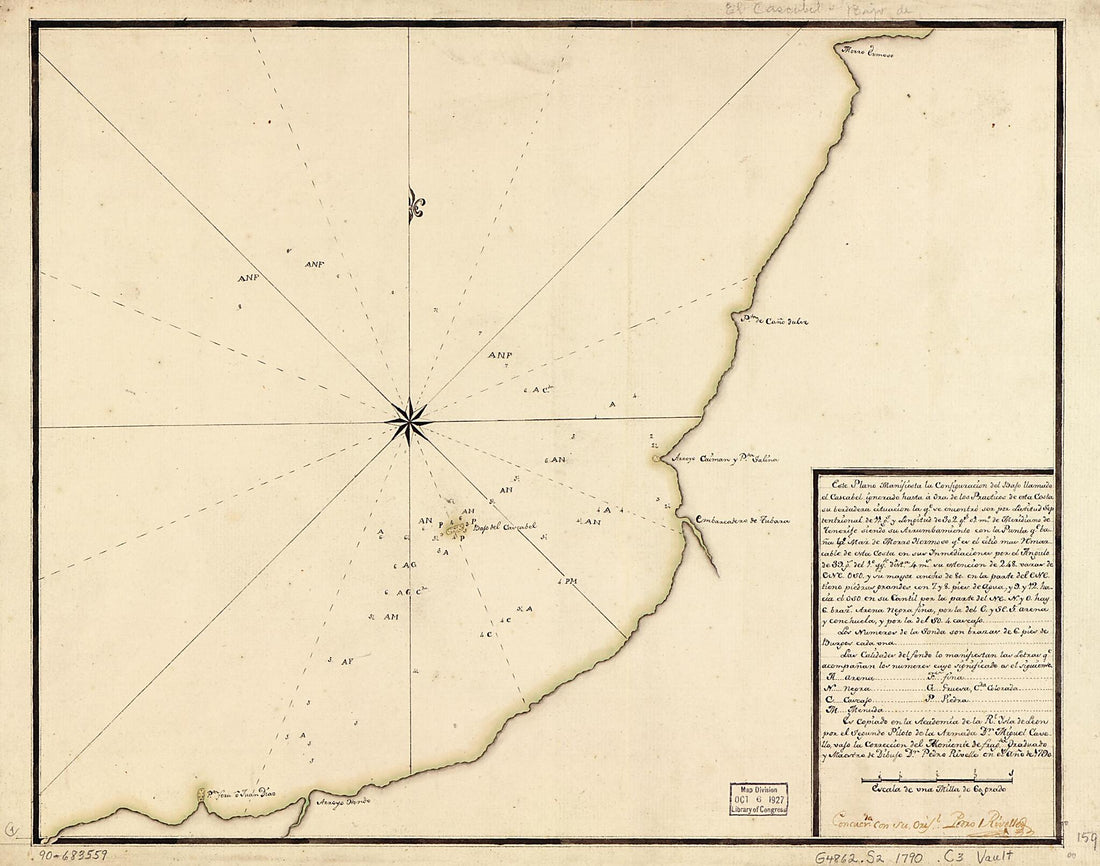 This old map of Este Plano Manifiesta La Configuración Del Bajo Llamado El Cascabel Ignorado Hasta a Ora De Los Practicos De Esta Costa Su Bendadera Cituación La Qe. Se Encontro Ser Por Latitud Septentrional De 11 Gs. Y Longitud De 302 Gs. 01 Mo. De Me