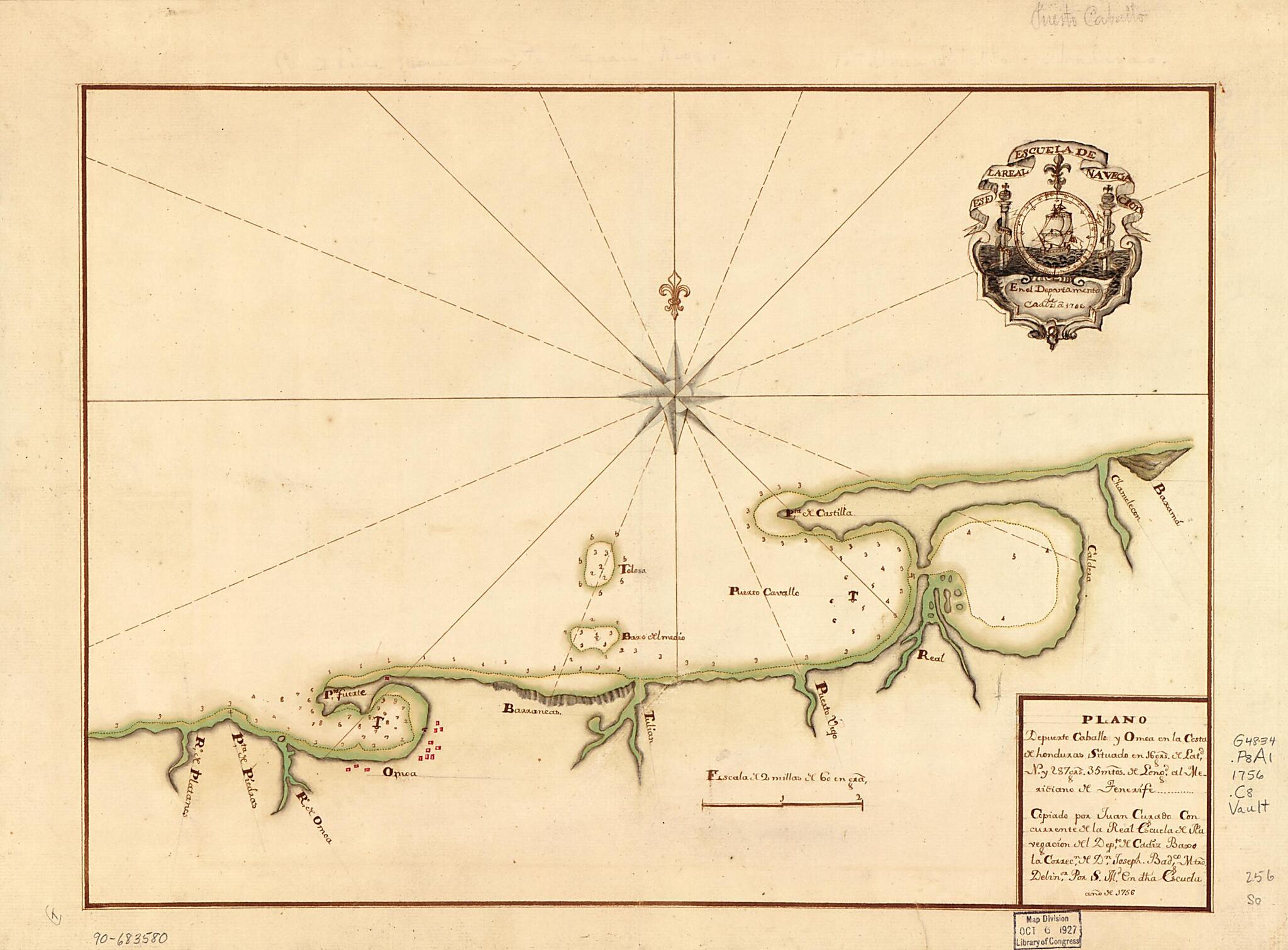 This old map of Plano Depuerto sic Caballo Y Omoa En La Costa De Honduras Situado En 16 Grs. De Latd. N. Y 287 Grs. 35 Mtos. De Longd. Al Meridiano De Tenerife from 1756 was created by Juan Manuel Curado, Spain) Real Escuela De Navegación (Cádiz in 175