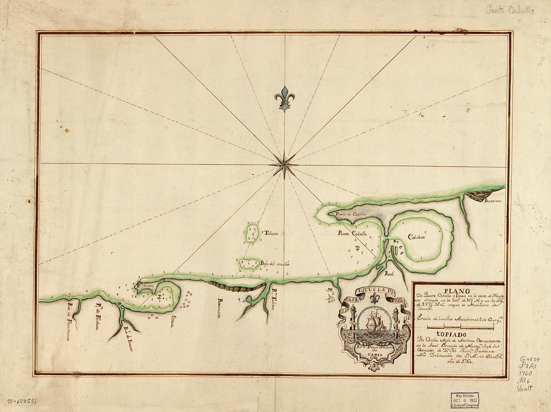 This old map of Plano De Puerto Caballo Y Omoa En La Costa De Honduras Situado En La Latd. De 16 Gs. N. Y En La Longd. De 287 Gs. 35 Ms. Segun El Meridiano De Tenerife from 1760 was created by Cecilio Malo De Molina, Spain) Real Escuela De Navegación (C