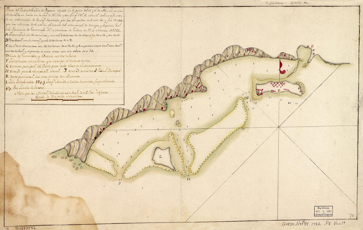 Plano Del Puerto De La Ysla De Roatán Cituado En La Parte Del S. Y E. De Ella, El Centro De Esta Ysla Se Halla En La Latd. N. 16⁰24ʹ Y En Longd. 289⁰6ʹ, Merido. De Tenerife, Siendo Su Extención De 14 Legs. Havitada Por Los Basallos De S.M.B. Y... by Relic Map Company