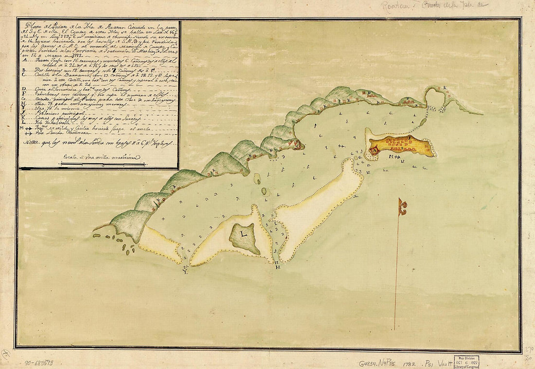 This old map of Plano Del Puerto De La Ysla De Roatán Cituado En La Parte Del S. Y E. De Ella, El Centro De Esta Ysla Se Halla En Lattd. N. 16 Gs. Y 24 Ms. Y En Longd. 289 Gs. 6 Ms., Meridiano De Thenerife, Siendo Su Extension De 14 Leguas, Havitada Por