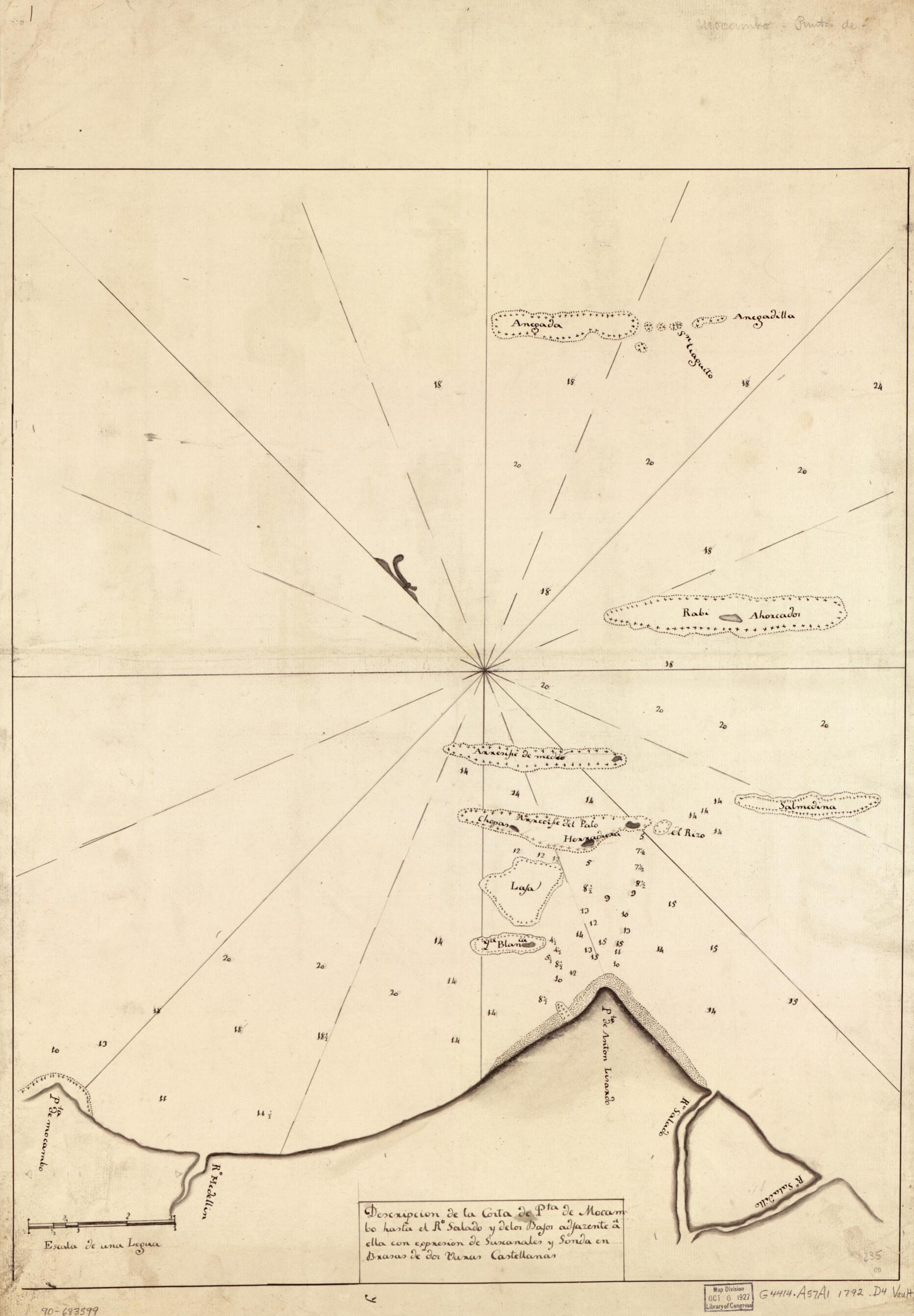 This old map of Descripción De La Costa De Pta. De Mocambo Hasta El Ro. Salado Y De Los Bajos Adjazente a Ella Con Expresion De Sus Canales Y Sonda En Brasas De Dos Varas Castellanas from 1792 was created by in 1792