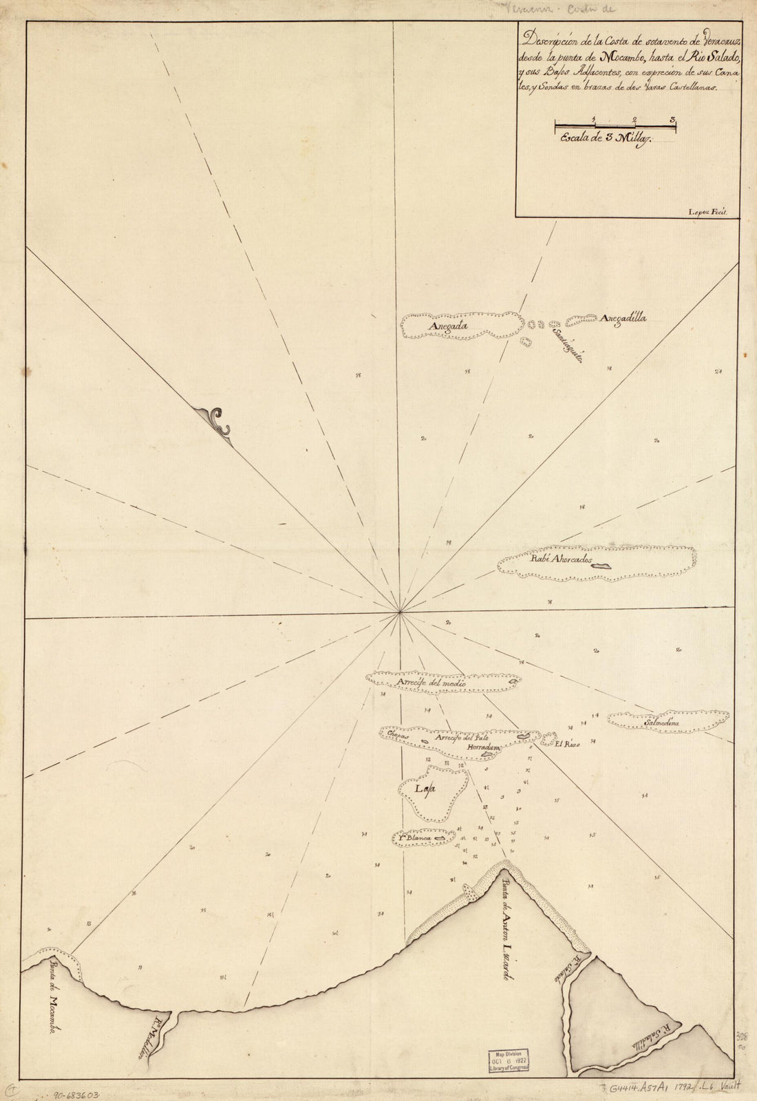 This old map of Descripción De La Costa De Sotavento De Veracruz Desde La Punta De Mocambo Hasta El Río Salado Y Sus Bajos Adjacentes Con Expreción De Sus Canales Y Sondas En Brazas De Dos Varas Castellanas from 1792 was created by Lopez in 1792