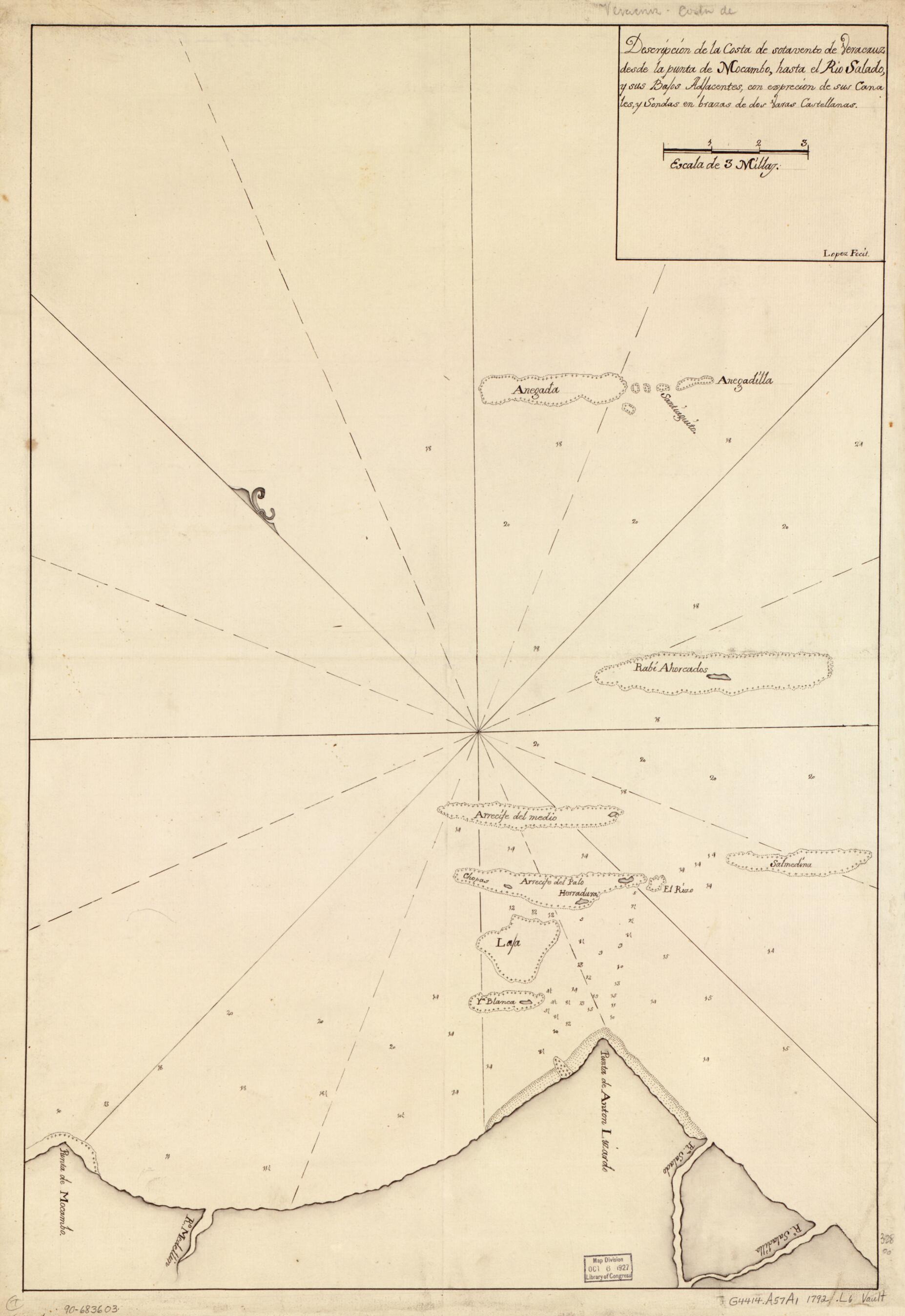 This old map of Descripción De La Costa De Sotavento De Veracruz Desde La Punta De Mocambo Hasta El Río Salado Y Sus Bajos Adjacentes Con Expreción De Sus Canales Y Sondas En Brazas De Dos Varas Castellanas from 1792 was created by Lopez in 1792