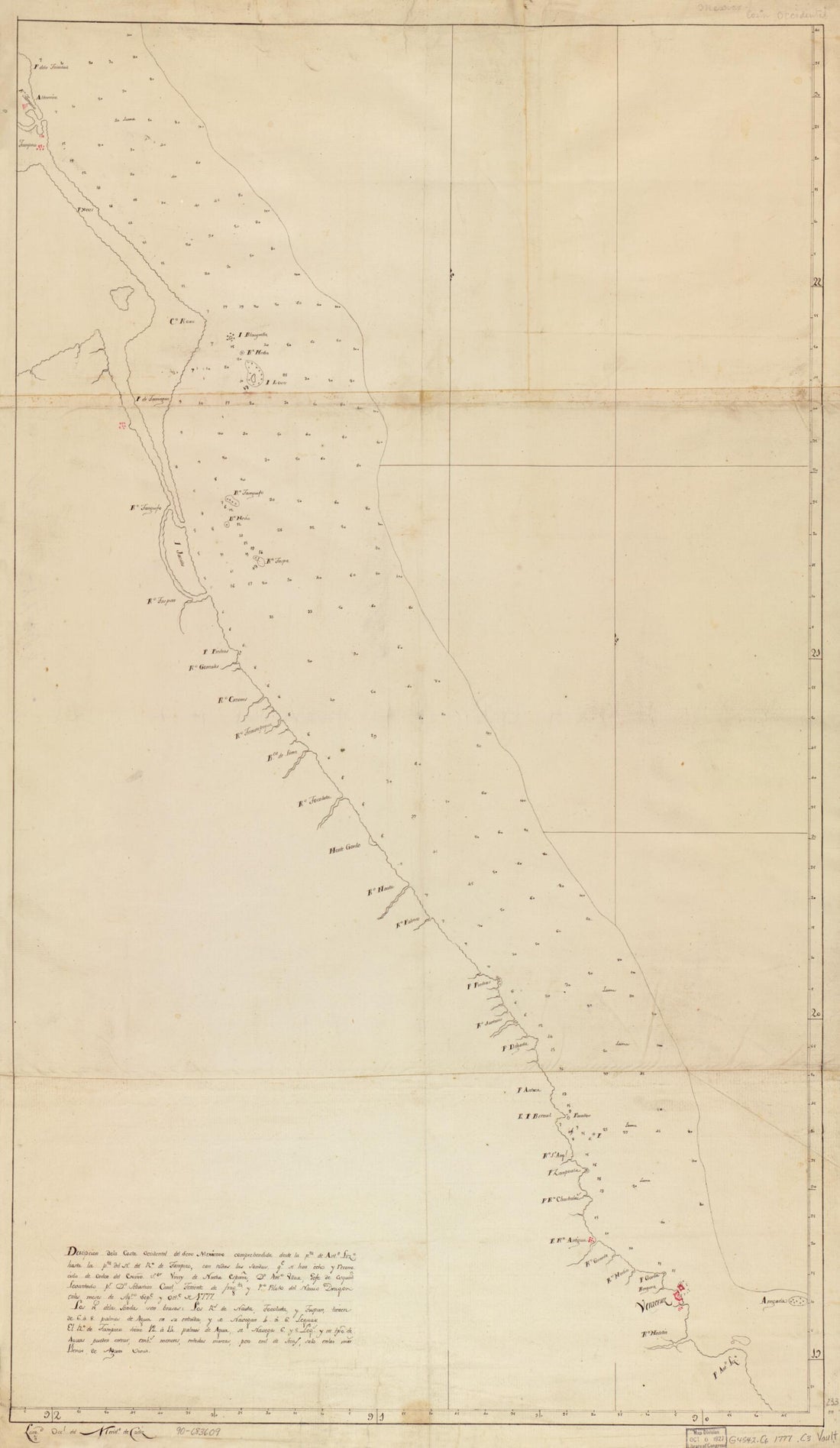 This old map of Descipción sic De La Costa Occidental Del Seno Mexicano Comprehendida Desde La Pta. De Antn. Lizo. Hasta La Pta. Del N. Del Ro. De Tampico, Con Todas Las Sondas Qe. Se Han Echo Y Reconocido De Orden Del Exmo. Sor. Virrey De Nueba España