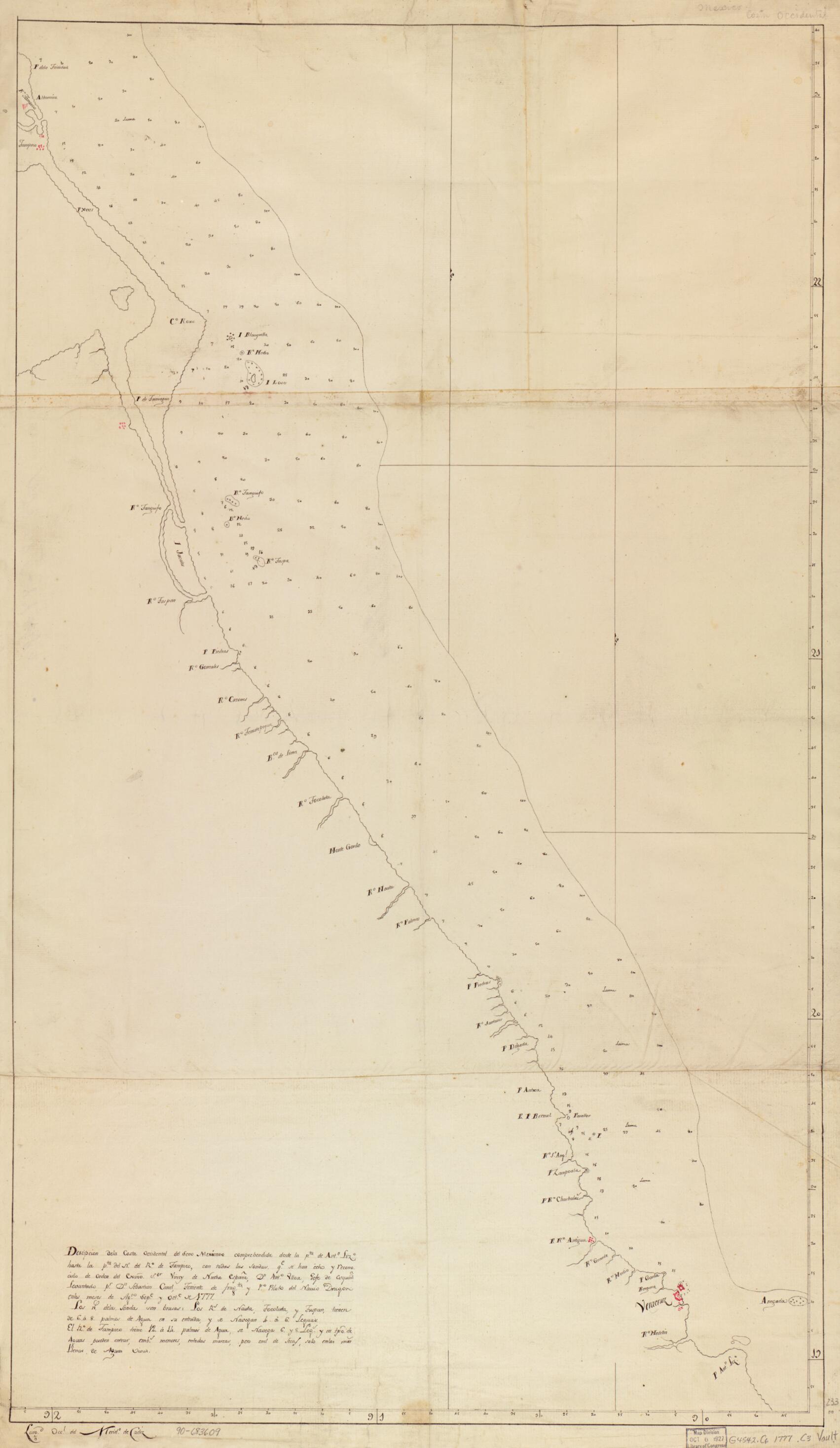 This old map of Descipción sic De La Costa Occidental Del Seno Mexicano Comprehendida Desde La Pta. De Antn. Lizo. Hasta La Pta. Del N. Del Ro. De Tampico, Con Todas Las Sondas Qe. Se Han Echo Y Reconocido De Orden Del Exmo. Sor. Virrey De Nueba España