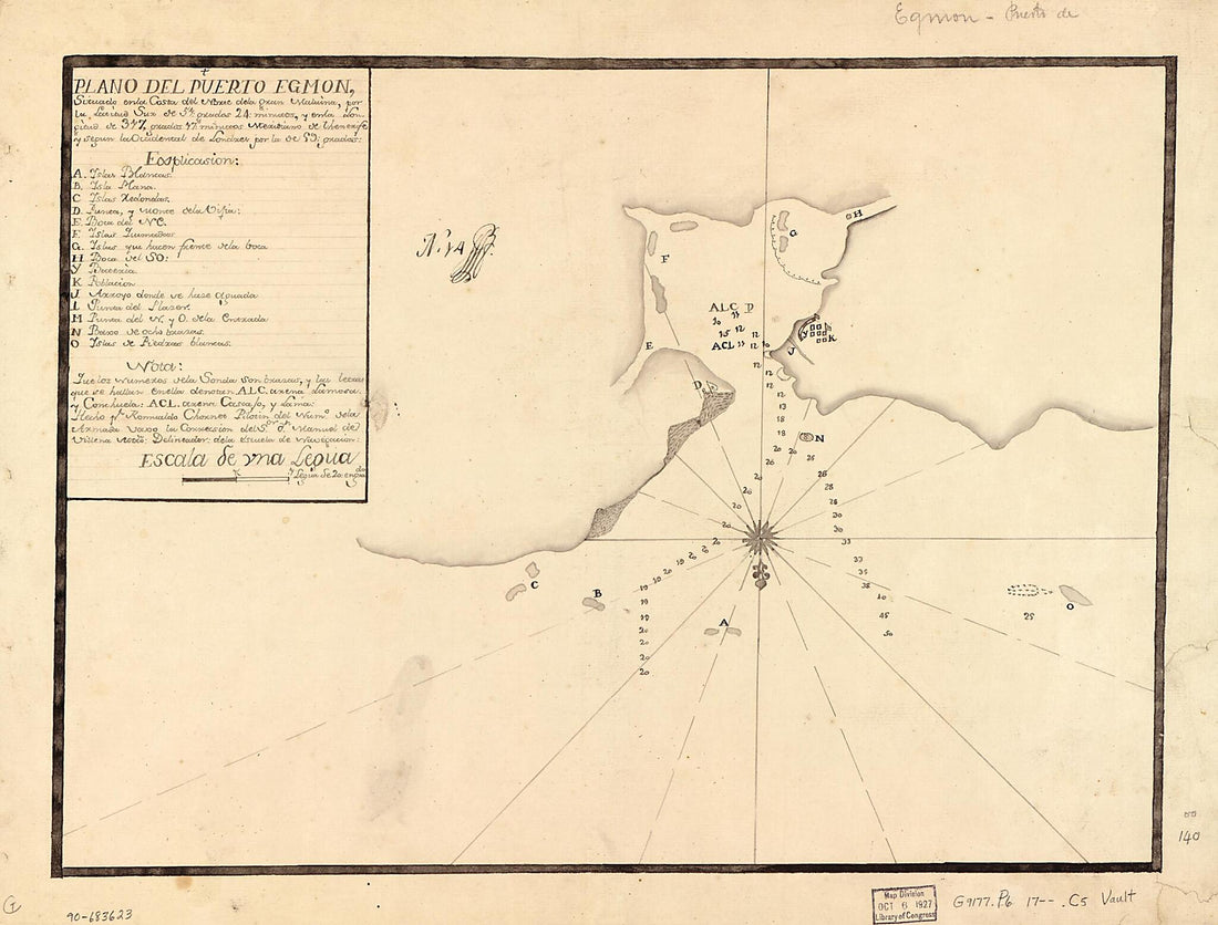 This old map of Plano Del Puerto Egmon Situado En La Costa Del Norte De La Gran Malvina Por La Latitud Sur De 57 Grados 24 Minutos Y En La Longitud De 317 Grados 17 Minutos, Meridiano De Thenerife Y Segun La Occidental De Londres Por La De 59 Grados from
