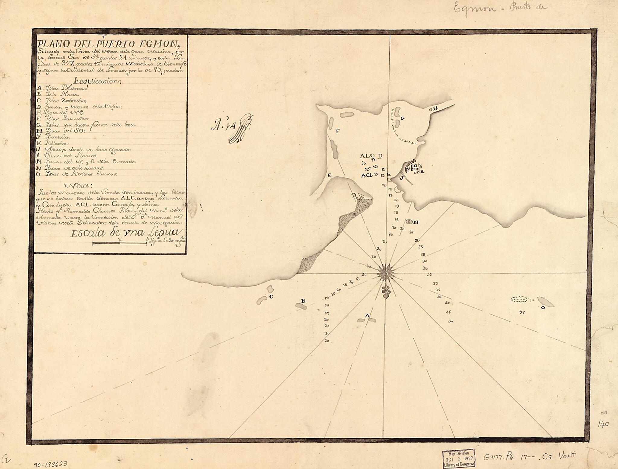 This old map of Plano Del Puerto Egmon Situado En La Costa Del Norte De La Gran Malvina Por La Latitud Sur De 57 Grados 24 Minutos Y En La Longitud De 317 Grados 17 Minutos, Meridiano De Thenerife Y Segun La Occidental De Londres Por La De 59 Grados from