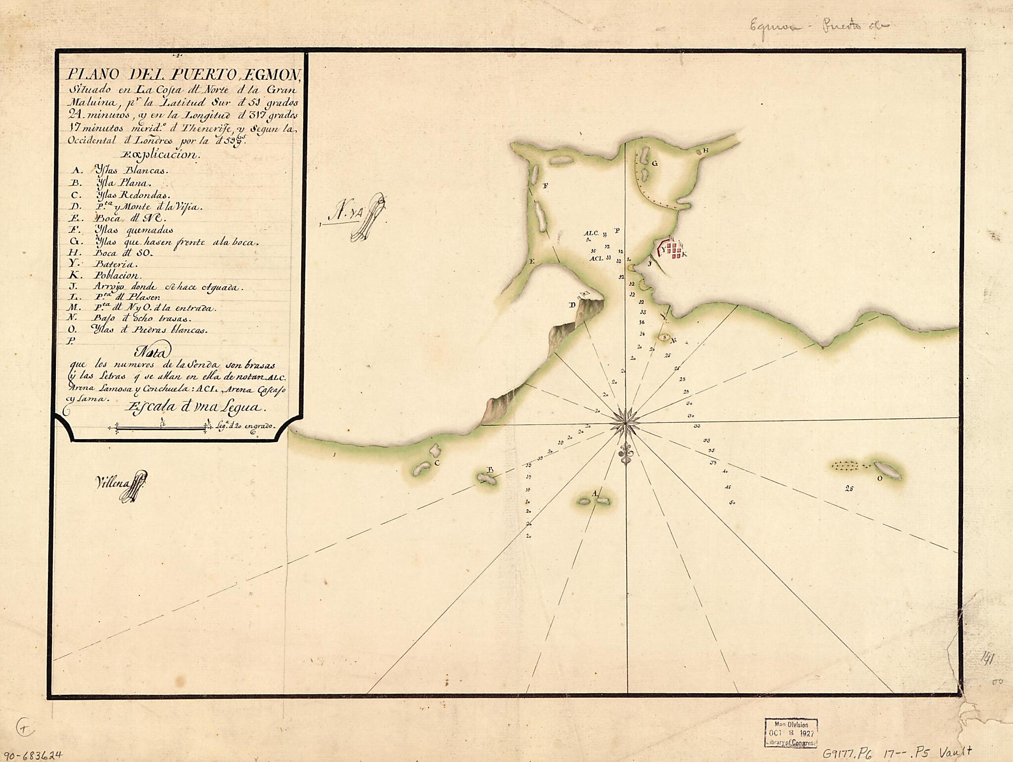 This old map of Plano Del Puerto Egmon Situado En La Costa Dl. Norte D. La Gran Malvina Pr. La Latitud Sur D. 51 Grados 24 Minutos Y En La Longitud D. 317 Grados 17 Minutos, Merido. D. Thenerife Y Segun La Occidental D. Londres Por La D. 59 Gs from 1700