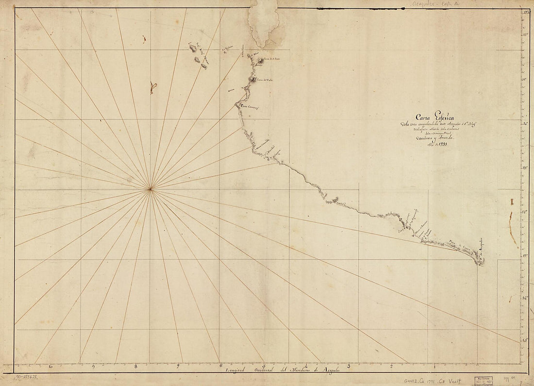 This old map of Carta Esferica De La Costa Comprehendida Desde Acapulco a Sn. Blas Trabajada Abordo De Las Corberas De La Marina Real Descubierta Y Atrevida, Año De from 1791 was created by in 1791