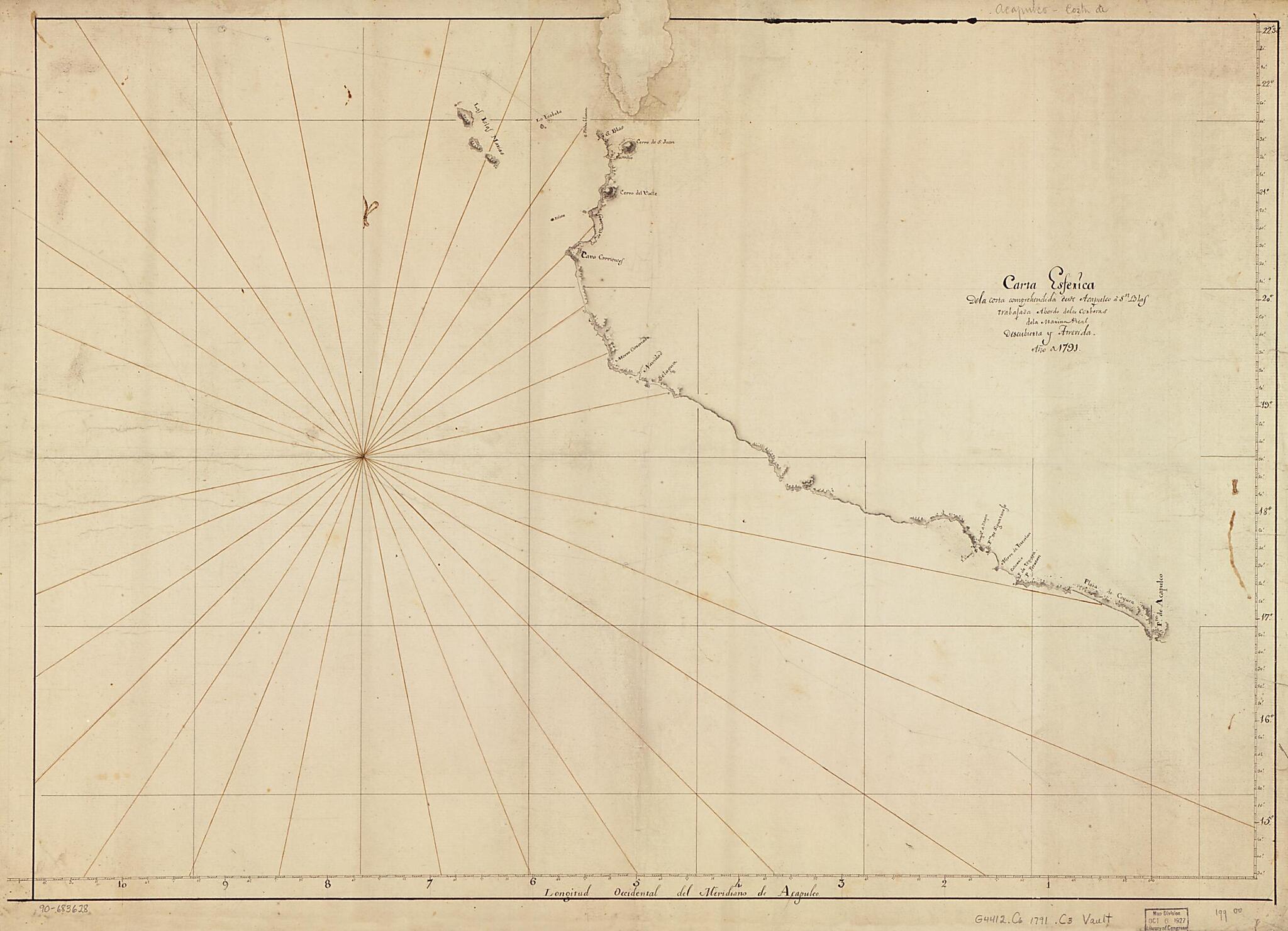 This old map of Carta Esferica De La Costa Comprehendida Desde Acapulco a Sn. Blas Trabajada Abordo De Las Corberas De La Marina Real Descubierta Y Atrevida, Año De from 1791 was created by in 1791