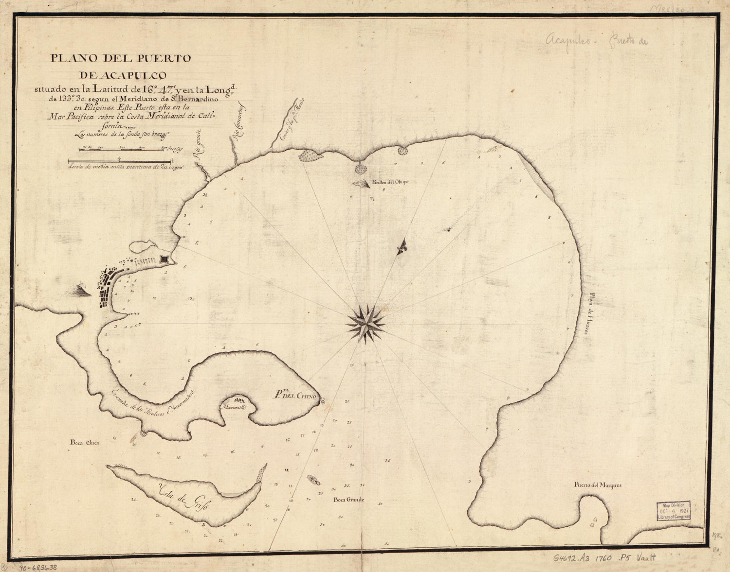 This old map of Plano Del Puerto De Acapulco Situado En La Latitud De 16⁰47ʹ Y En La Longd. De 133⁰30ʹ Segun El Meridiano De Sn. Bernardino En Filipinas : Este Puerto Esta En La Mar Pacífica Sobre La Costa Meridional De California from 1760 was cr