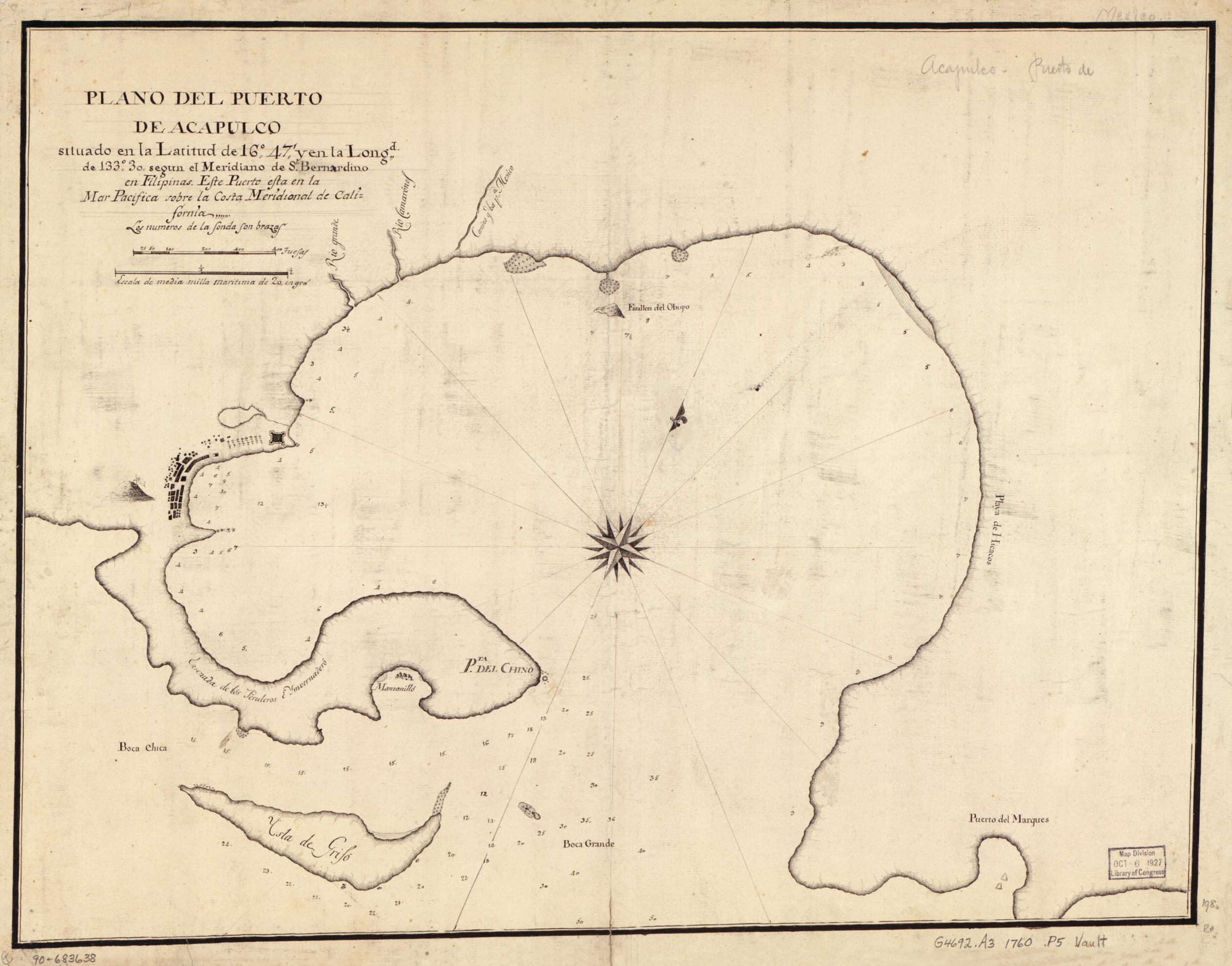 This old map of Plano Del Puerto De Acapulco Situado En La Latitud De 16⁰47ʹ Y En La Longd. De 133⁰30ʹ Segun El Meridiano De Sn. Bernardino En Filipinas : Este Puerto Esta En La Mar Pacífica Sobre La Costa Meridional De California from 1760 was cr