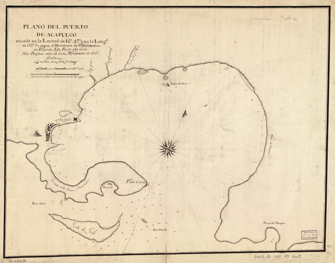 This old map of Plano Del Puerto De Acapulco Situado En La Latitud De 16⁰47ʹ Y En La Longd. De 133⁰30ʹ Segun El Meridiano De Sn. Bernardino En Filipinas : Este Puerto Esta En La Mar Pacífica Sobre La Costa Meridional De California from 1760 was cr