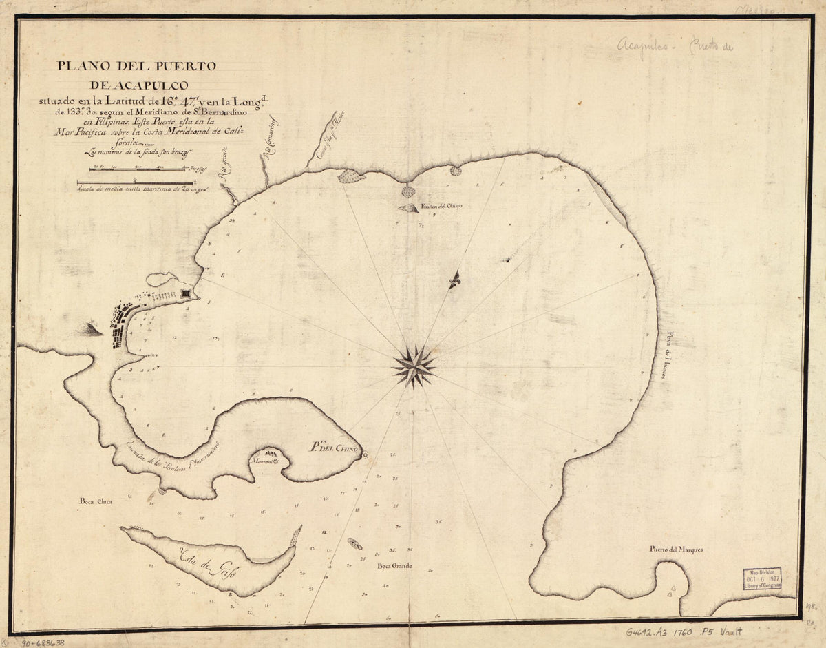 Plano Del Puerto De Acapulco Situado En La Latitud De 16⁰47ʹ Y En La Longd. De 133⁰30ʹ Segun El Meridiano De Sn. Bernardino En Filipinas : Este Puerto Esta En La Mar Pacífica Sobre La Costa Meridional De California 1760 by Relic Map Company