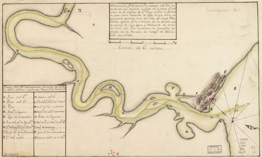 This old map of Plano Del Río Guazaquacos Situado En La Costa Del S. Del Seno Mexicano, Provina. De Guadalapa from 1790 was created by in 1790
