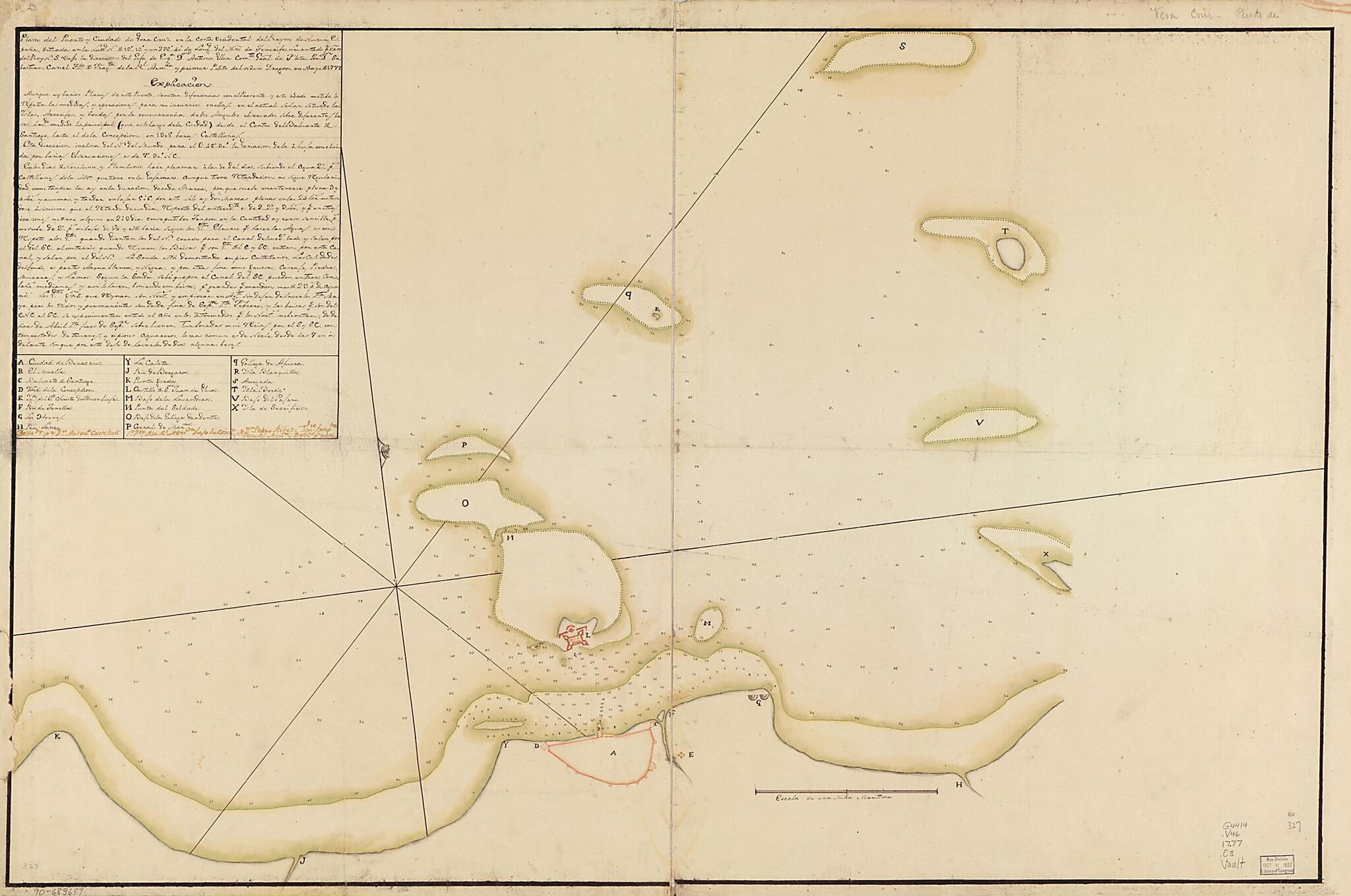 This old map of Plano Del Puerto Y Ciudad De Vera Cruz En La Costa Occidental Del Reyno De Nueva España, Situada En La Lattd. N. De 19⁰13ʹ Y En 278⁰40ʹ De Longd. Del Mro. De Tenerife from 1777 was created by Antonio Castellan in 1777