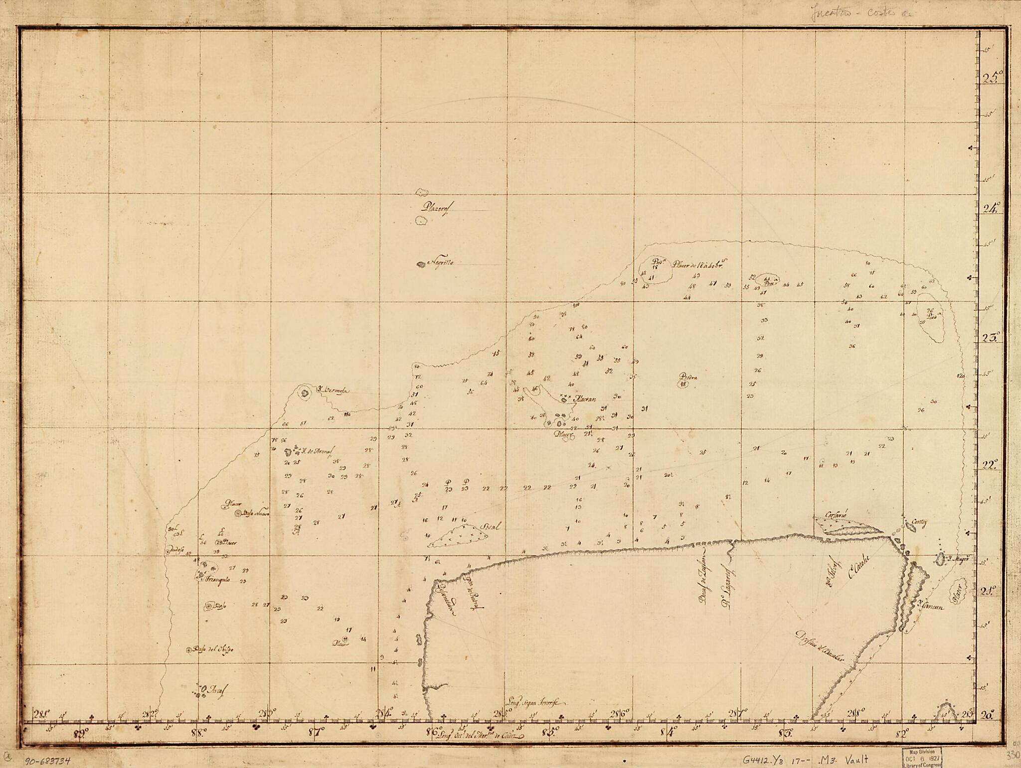 This old map of Discrección De La Costa De Yucatan, Sonda De Campeche Y Bajos Adjacentes Segun Su Antigua Situación Con La Derrota Qe. Practicaron En Solicitud Del Nombrado Negrillo Sin Encontrar Le, El Paqubot Del Rei Titulado Sn. Carlos Al Mando Del