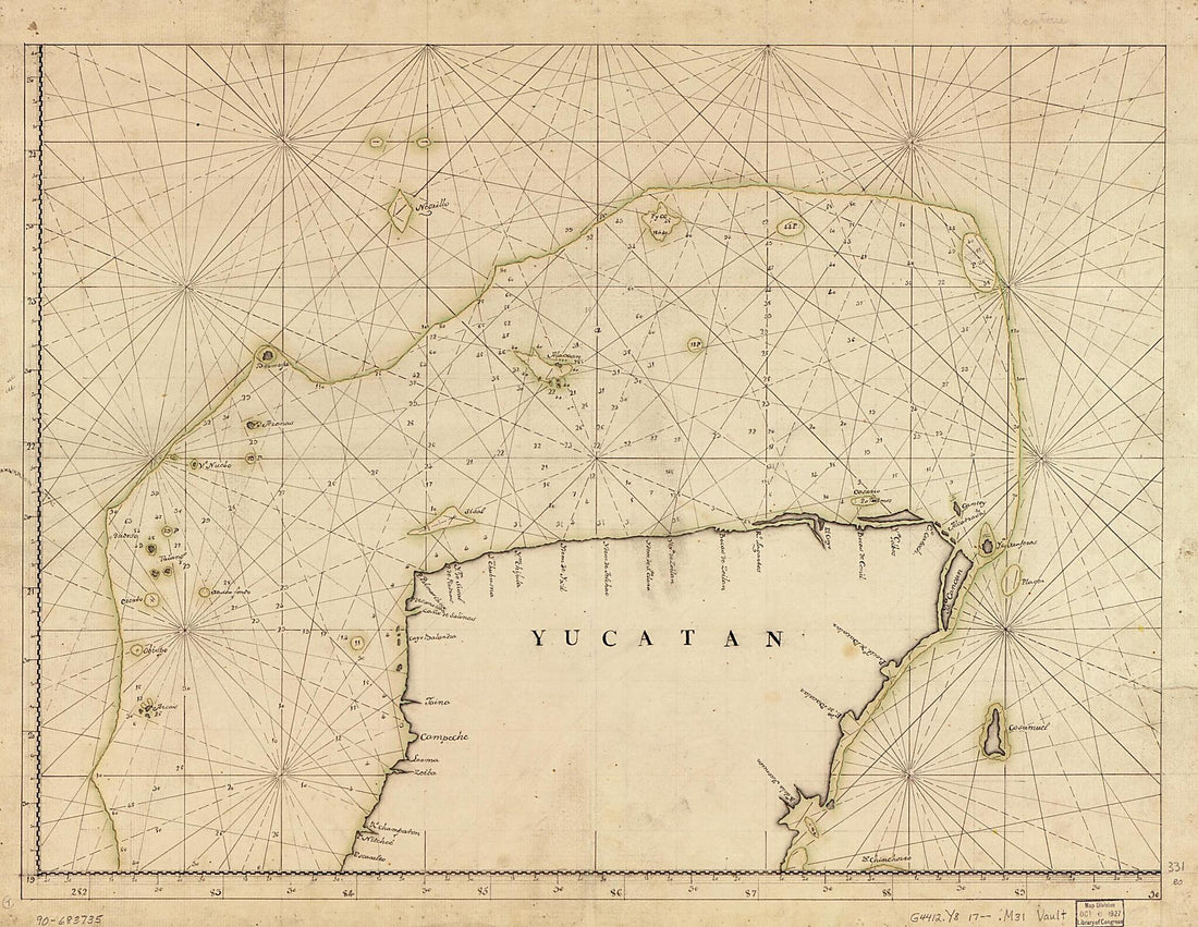 This old map of Discrección De La Costa De Yucatan, Sonda De Campeche Y Baxos Adjacentes Segun Su Antigua Situación Con La Derrota Qe. Practicaron En Solicitud Del Nombrado Negrillo Sin En Contrar Le, El Paquebot Del Rey Titulado Sn. Carlos Al Mando De