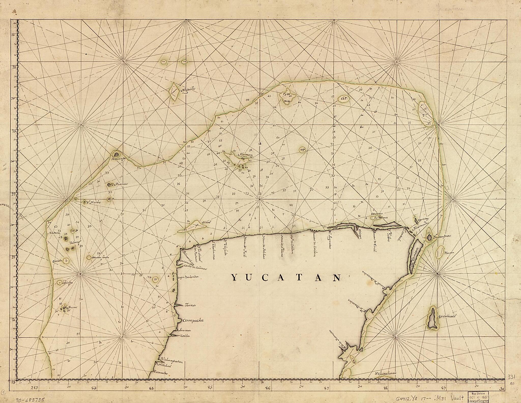 This old map of Discrección De La Costa De Yucatan, Sonda De Campeche Y Baxos Adjacentes Segun Su Antigua Situación Con La Derrota Qe. Practicaron En Solicitud Del Nombrado Negrillo Sin En Contrar Le, El Paquebot Del Rey Titulado Sn. Carlos Al Mando De