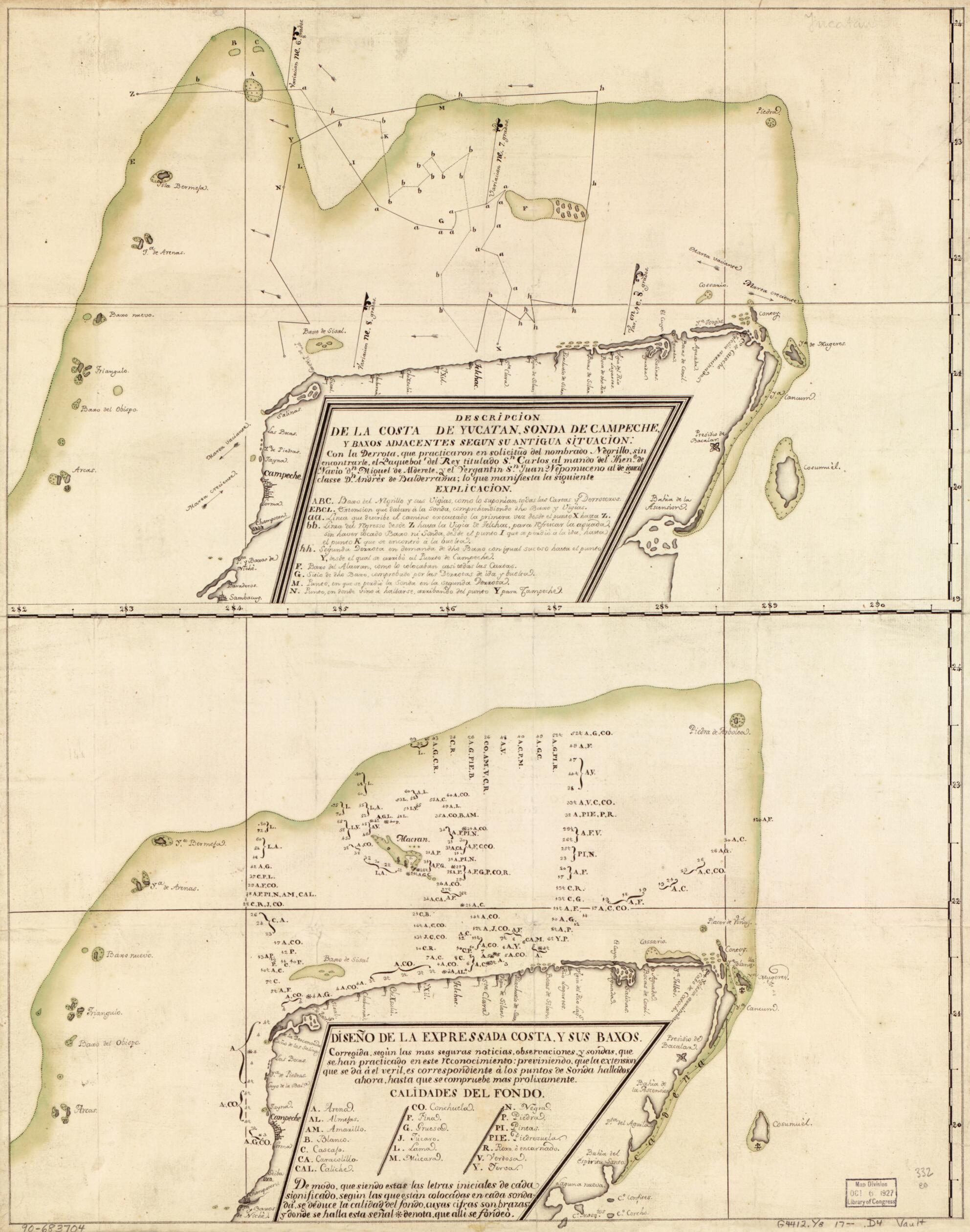 This old map of Descripción De La Costa De Yucatan, Sonda De Campeche Y Baxos Adjacentes Segun Su Antigua Situación Con La Derrota Que Practcaron En Solicitud Del Nombrado Negrillo Sin Encontrarle El Paquebot Del Rey Titulado Sn. Carlos Al Mando Del Th