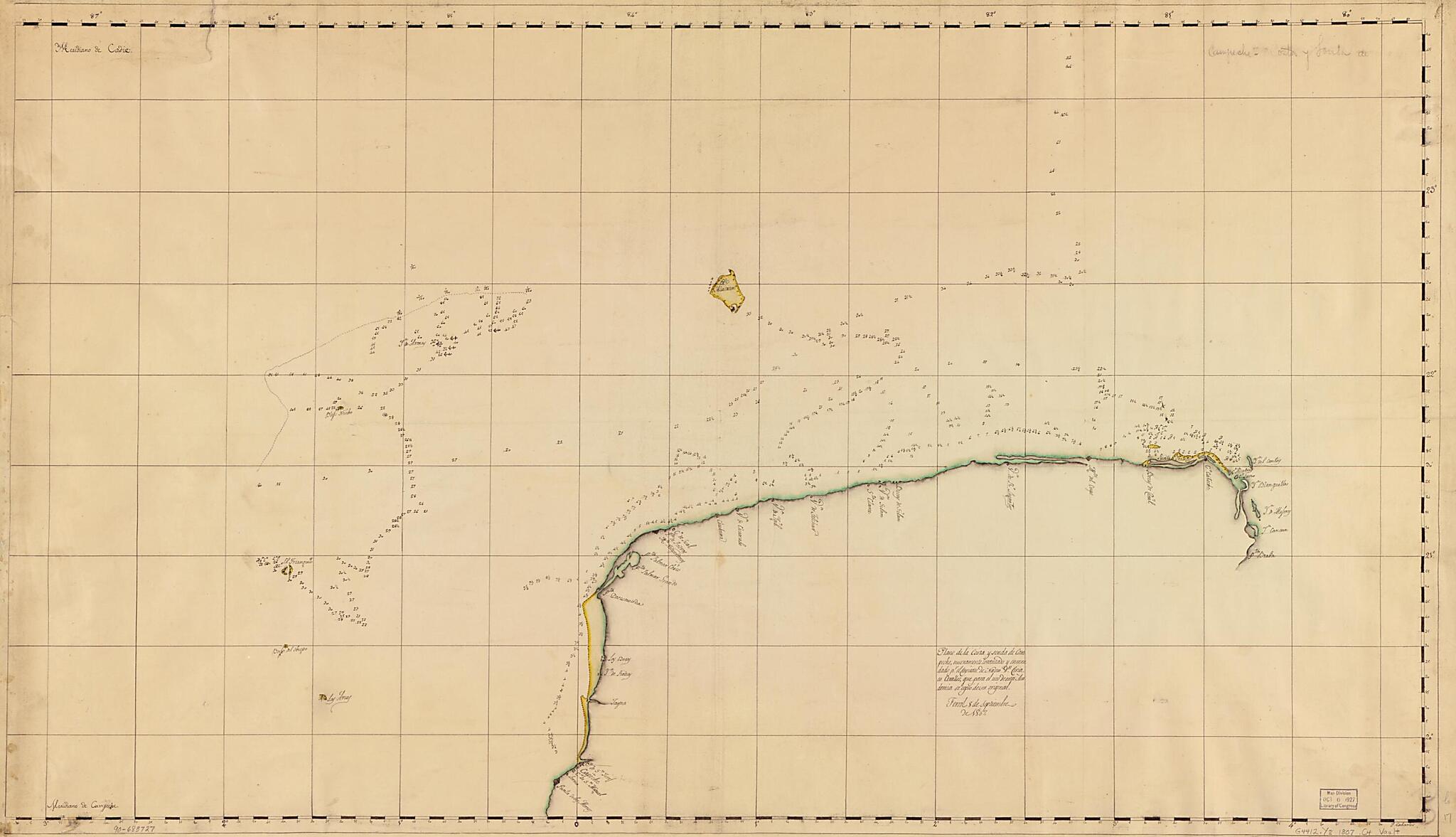 This old map of Plano De La Costa Y Sonda De Campeche from 1807 was created by F. Cabarcos, Ciriaco Cevallos in 1807