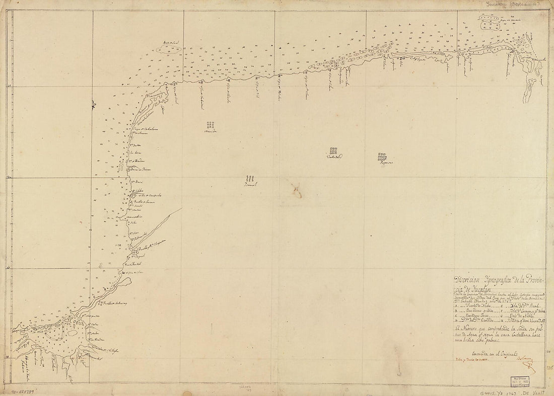 This old map of Discrición sic Ygnográfica De La Provincia De Yucatan Desde La Laguna De Terminos Hasta El Cabo Catoche from 1767 was created by in 1767