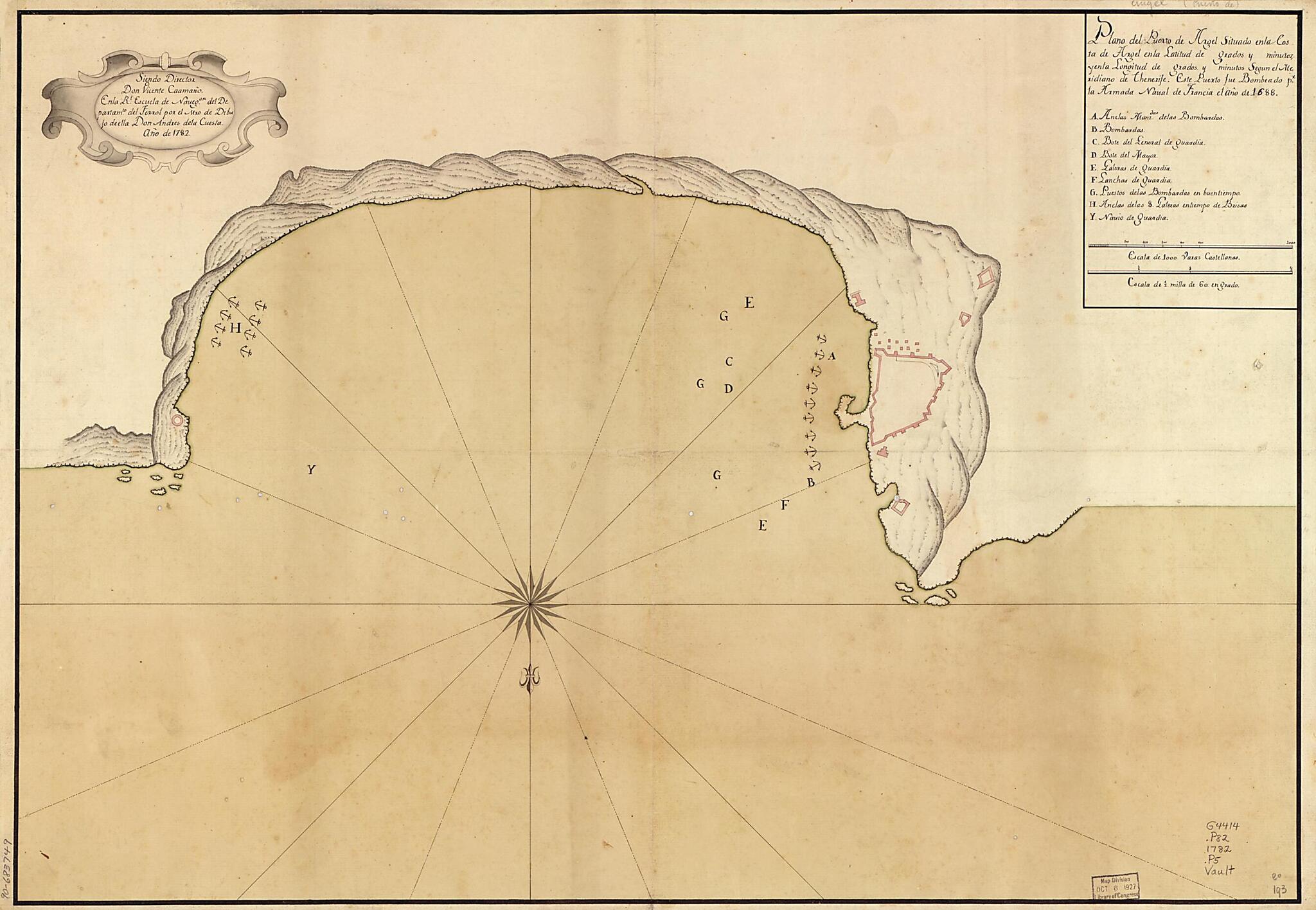 This old map of Plano Del Puerto De Angel Situado En La Costa De Angel En La Latitud De blank Grados Y blank Minutos Y En La Longitud De blank Grados Y blank Minutos Segun El Meridiano De Thenerife : Este Puerto Fue Bombeado Pr. La Armada Naval De Franci