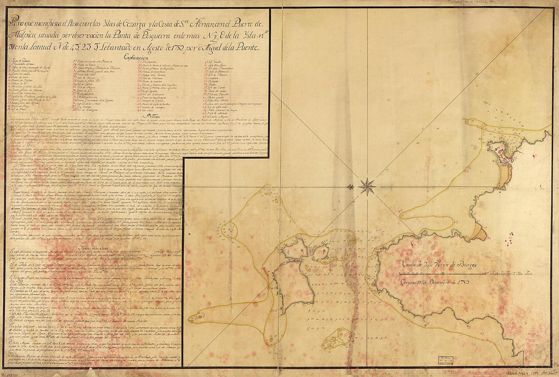 This old map of Plano Que Manifiesta El Paso Entre Las Yslas De Cezarga Y La Costa De Sn. Adrian Con El Puerto De Malpica, Situada Por Observación La Punta De Pesqueira En Lo Mas N. Y O. De La Ysla No. 31 En La Latitud N. De 43⁰23ʹ3ʺ, Lebantado En A