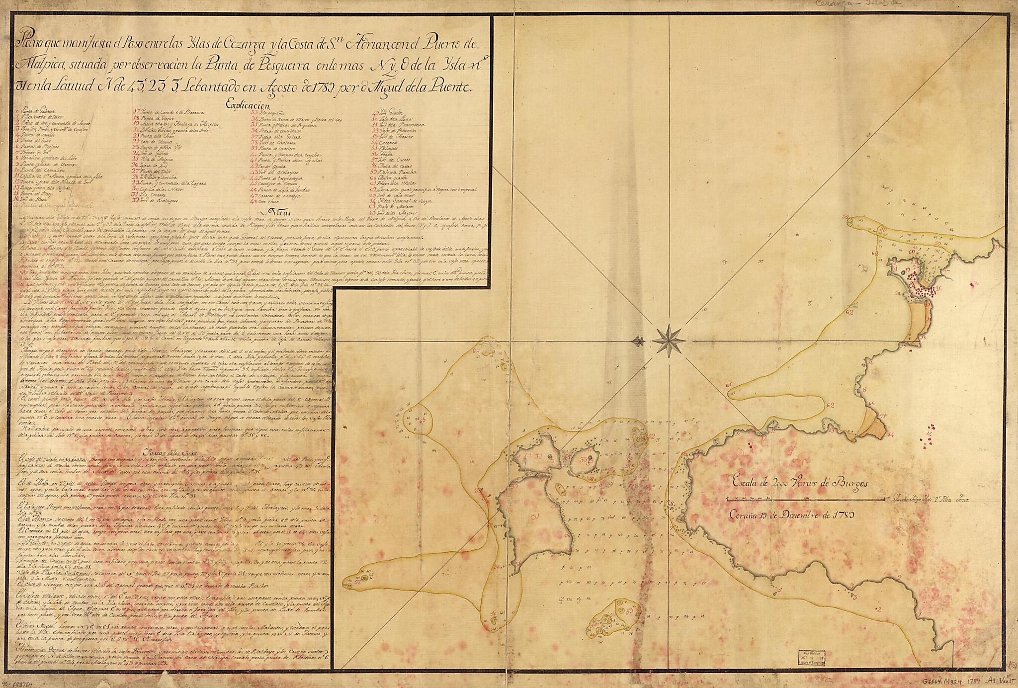 This old map of Plano Que Manifiesta El Paso Entre Las Yslas De Cezarga Y La Costa De Sn. Adrian Con El Puerto De Malpica, Situada Por Observación La Punta De Pesqueira En Lo Mas N. Y O. De La Ysla No. 31 En La Latitud N. De 43⁰23ʹ3ʺ, Lebantado En A