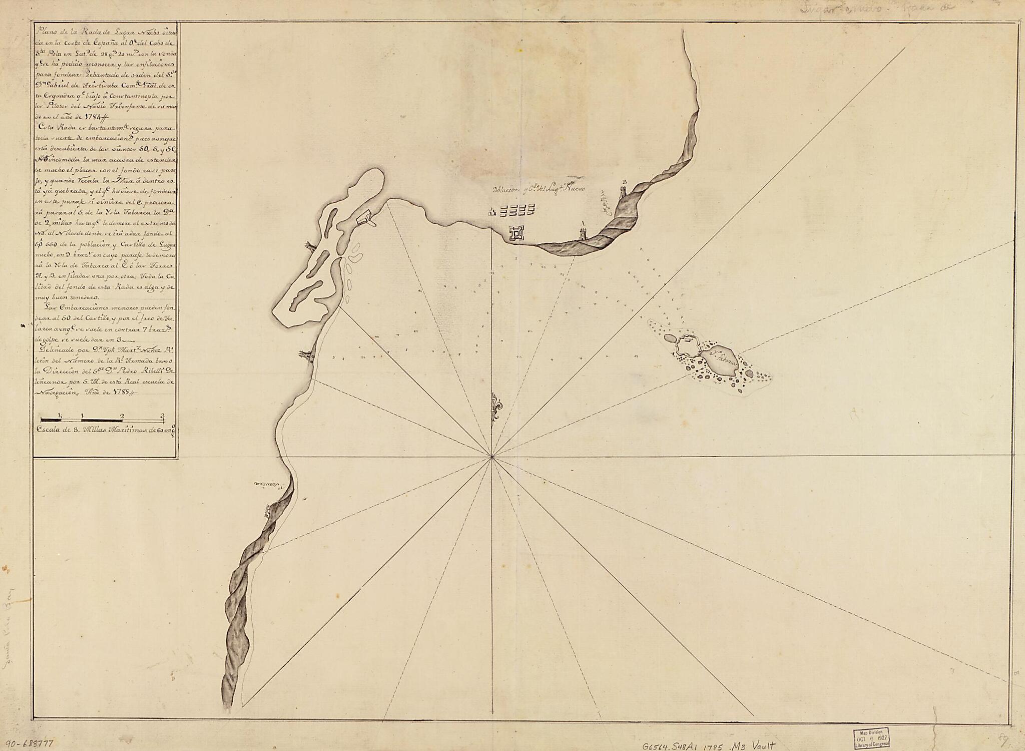 This old map of Plano De La Rada De Lugan Nuebo Situada En La Costa De España Al Ote. Del Cabo De Sta. Pola En Latd. De 38 Gs. 20 Ms. Con La Sonda Qe. Se Ha Podido Reconocer Y Las Enfilaciones Para Fondear : Lebantado De Orden Del Sor. Dn. Gabriel De Ar