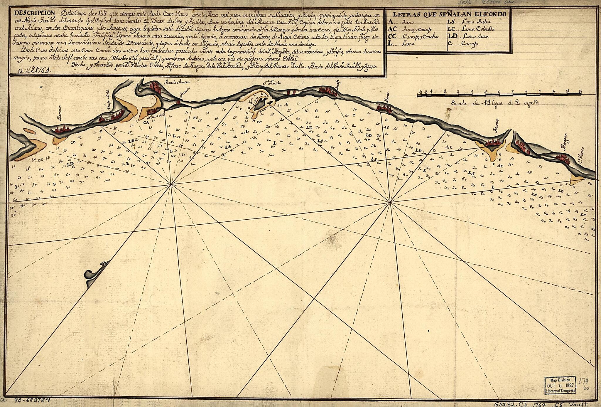 This old map of Descripción De La Costa De Salé Que Comprende Desde Cavo Blanco from 1764 was created by Andres Cierto in 1764