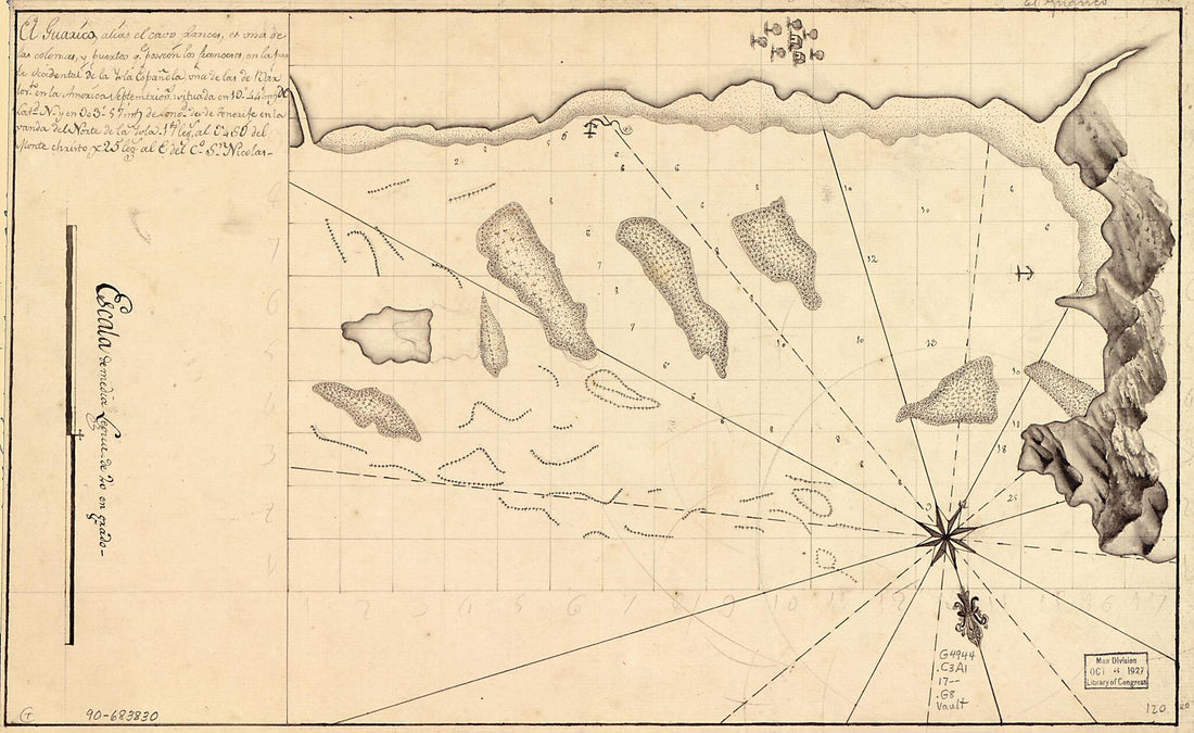 This old map of El Guárico, Alias, El Cavo Frances, Es Una De Las Colonias Y Puertos Qe. Posseen Los Frances Es En La Parte Occidental De La Ysla Española, Una De Las De Barlosto. En La América Septemtrional., Situada En 19⁰44ʹ Ms. De Latd. N. Y En