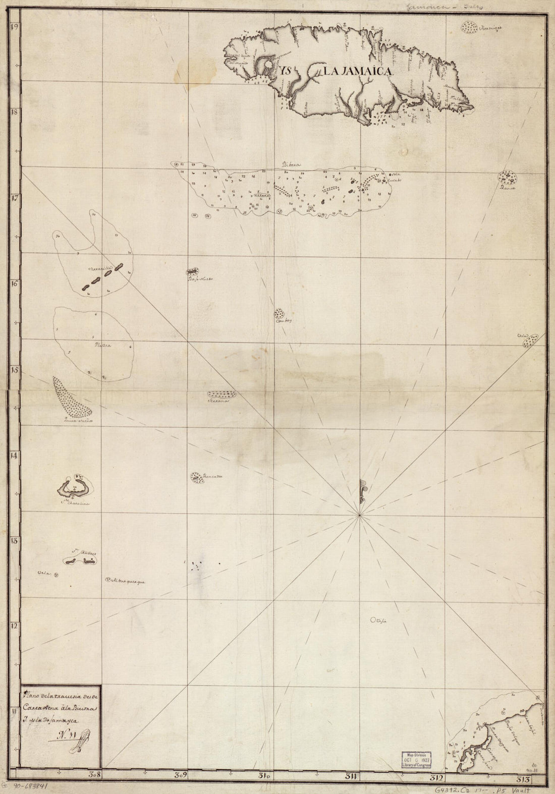 This old map of Plano De La Travesia Desde Carta Xena a La Biuora Y., Ysla De Jamayca from 1700 was created by in 1700