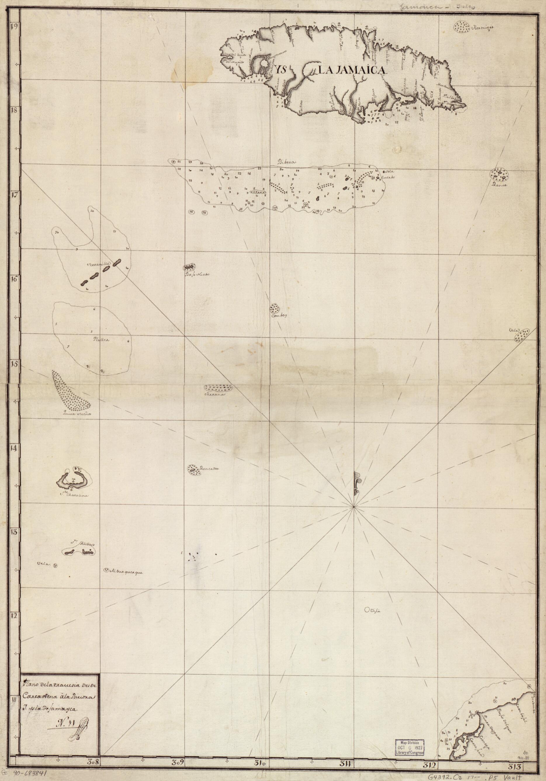 This old map of Plano De La Travesia Desde Carta Xena a La Biuora Y., Ysla De Jamayca from 1700 was created by in 1700