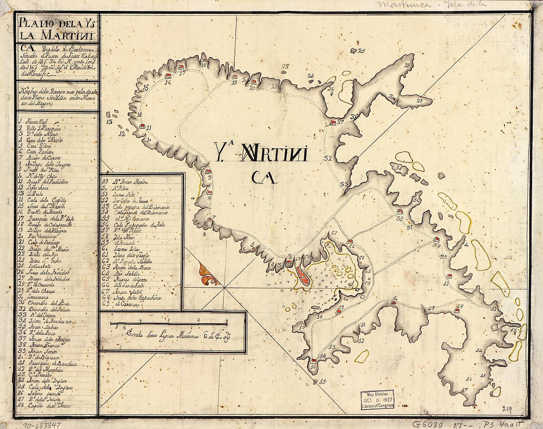 This old map of Plano De La Ysla Martinica : Una De La De Barlovento Situado El Puerto De Fuerte Nal En La Latd. De 14 Gs. 36 M. N. Y En La Longd. De 316 Gs. 14 M. Segn. El Meridiano De Thenerife from 1700 was created by in 1700
