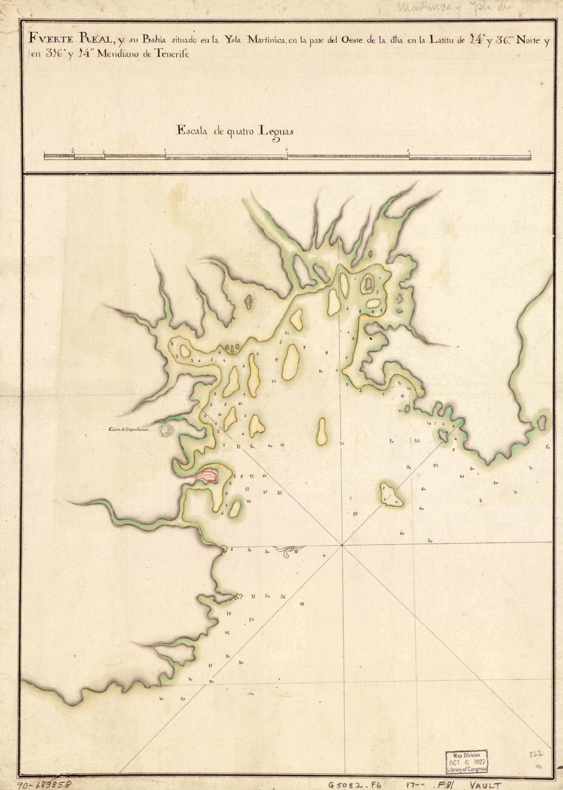This old map of Fuerte Real En La Martinca : Bahía De Fuerte Real Situdao En La Ysla Martinica Por La Bando Del Oeste La Latd. De 14 Gs. 36 Ms. N. Y En La Longd. De 316 Gs. 14 Ms. Segn. El Meridiano De Thenerife from 1700 was created by in 1700