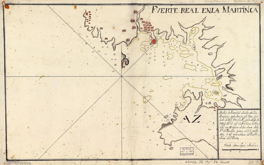 This old map of Fuerte Real Y Su Baya Situado En La Ysla Martinica Por La Vanda Del Oestte En 12 Grados Y 36 Minutos De Latitd. Nortte Y En 316 Grads. Y 14 Mins. (desde Tenerife) De Longitud from 1700 was created by in 1700