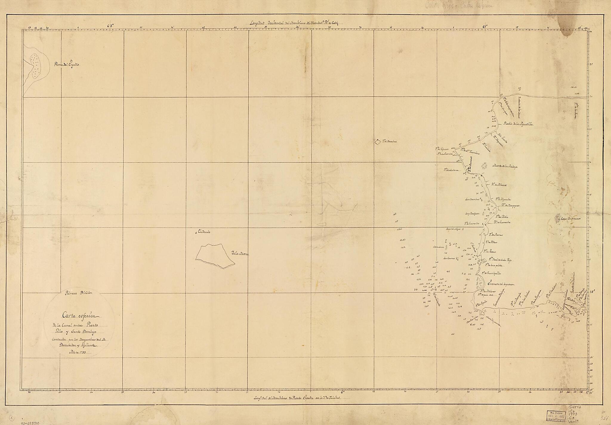 This old map of Carta Esférica De La Canal Entre Puerto Rico Y Santo Domingo from 1793 was created by in 1793
