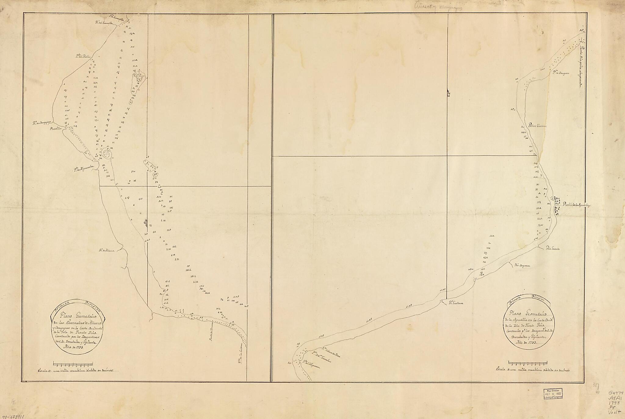 This old map of Plano Geométrico De Las Ensenadas De Añasco Y Mayagües En La Costa Occidental De La Ysla De Puerto Rico from 1793 was created by in 1793