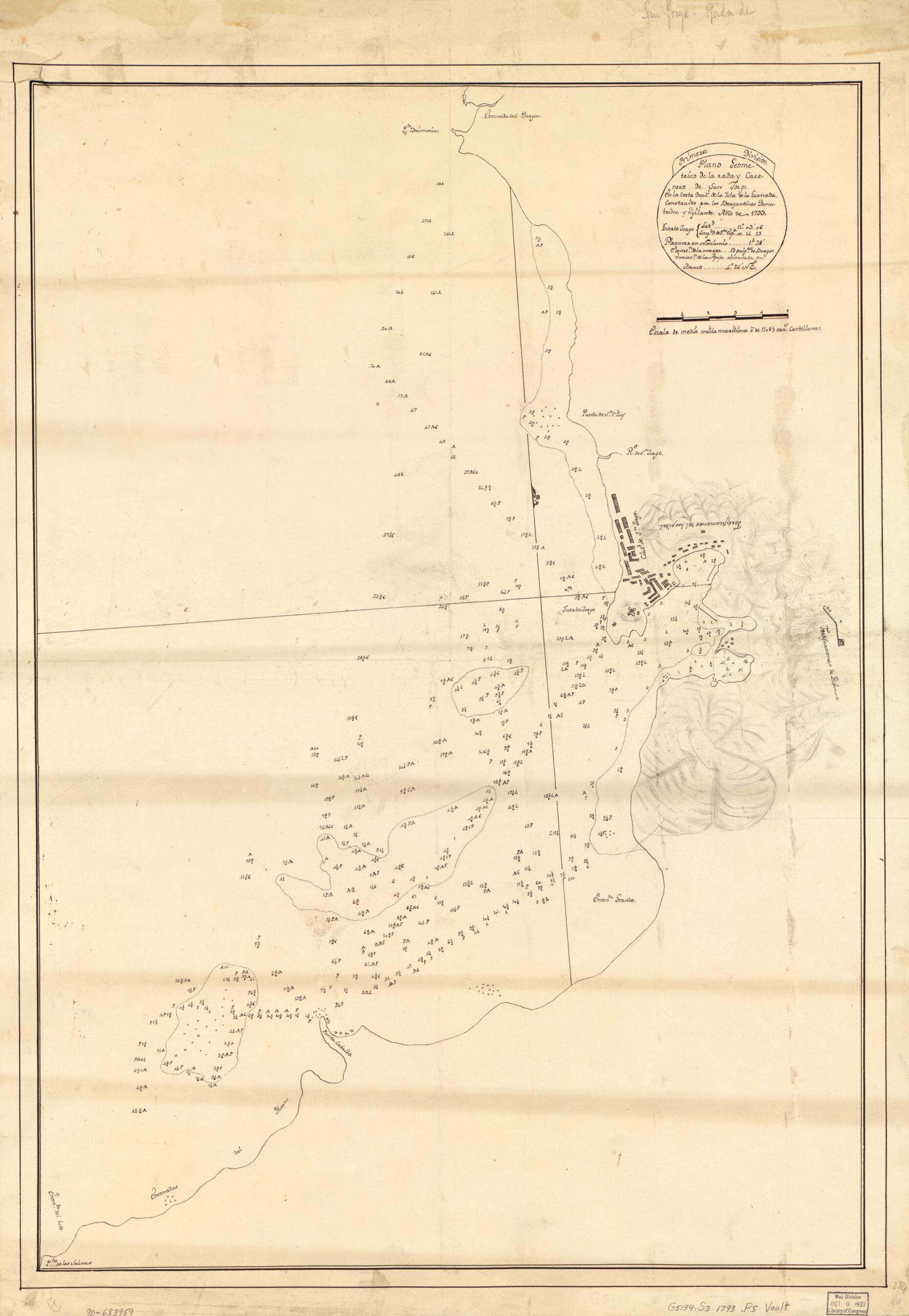 This old map of Plano Geométrico De La Rada Y Carenero De San Jorge En La Costa Occidl. De La Ysla De La Granada from 1793 was created by in 1793