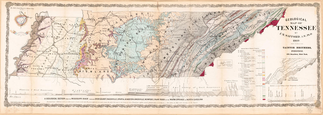 This old map of Geological Map of Tennessee from 1869 was created by James M. (James Merrill) Safford, Taintor Brothers in 1869