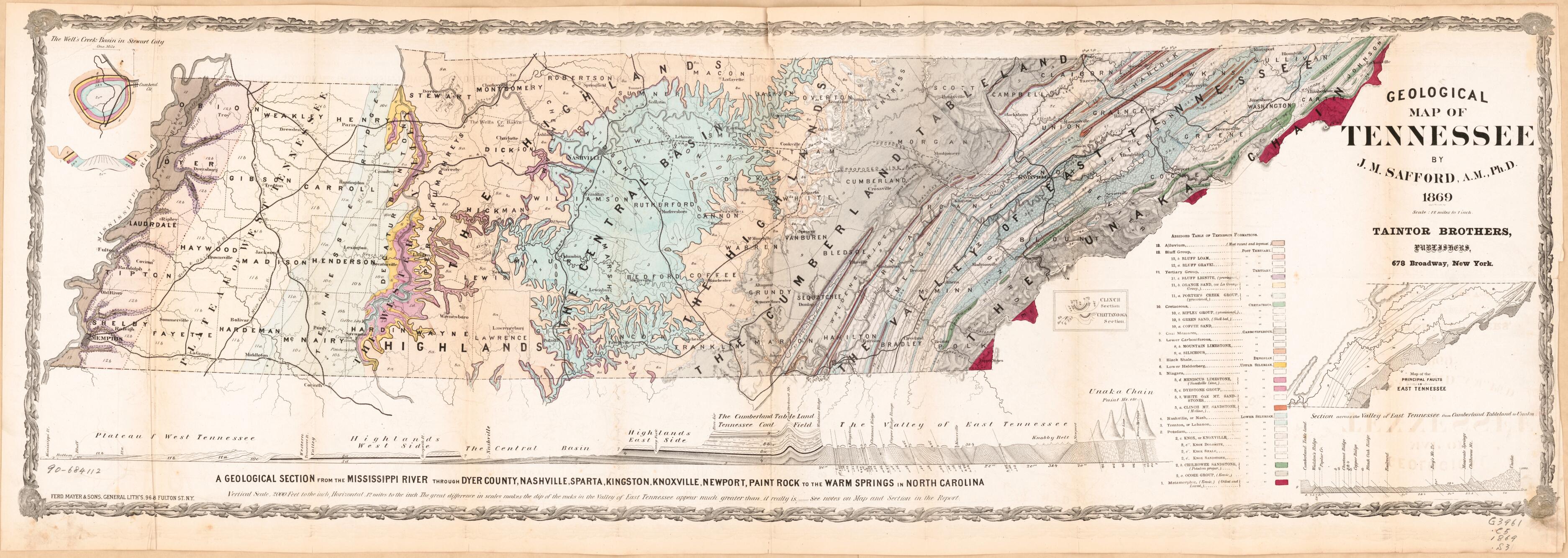 This old map of Geological Map of Tennessee from 1869 was created by James M. (James Merrill) Safford, Taintor Brothers in 1869